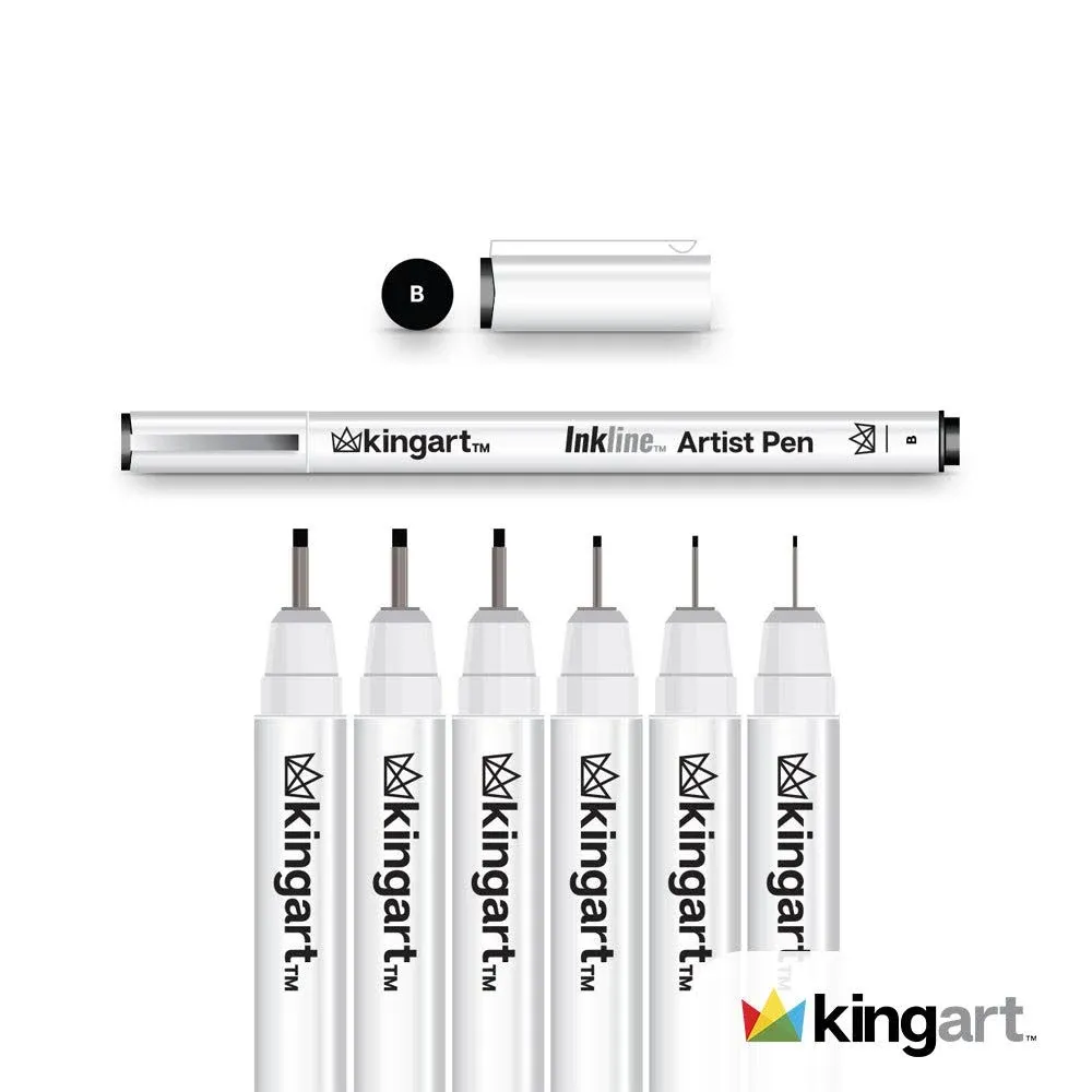 KINGART 430-6 PRO Inkline Black Micro Line & Precision Graphic Pens, 6 Assorted Nibs, BLACK Archival Waterproof Japanese Ink for Art, Illustration, Calligraphy, Sketching, Anime, Technical Drawing, Manga