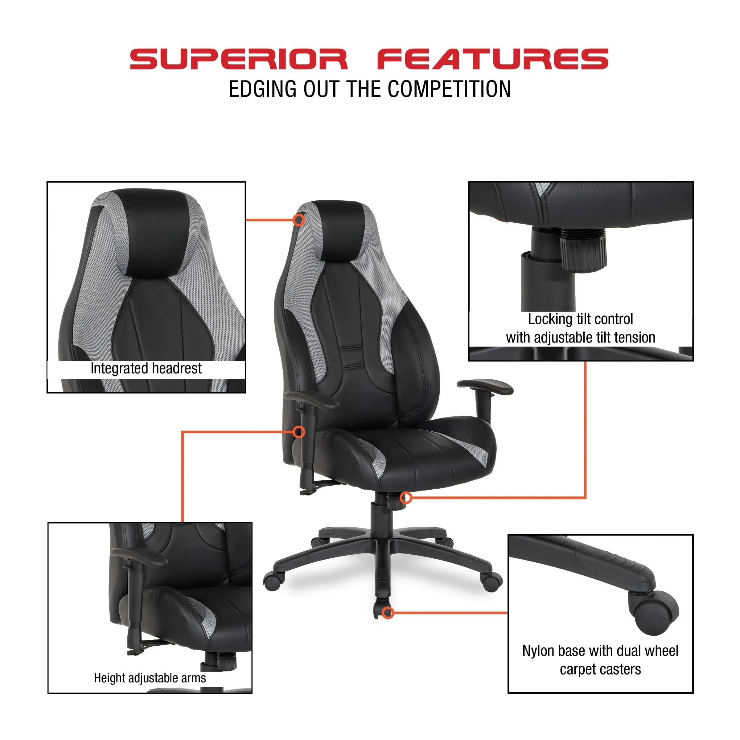 OSP Home Furnishings Commander Gaming Chair in Black Faux Leather and Grey Accents