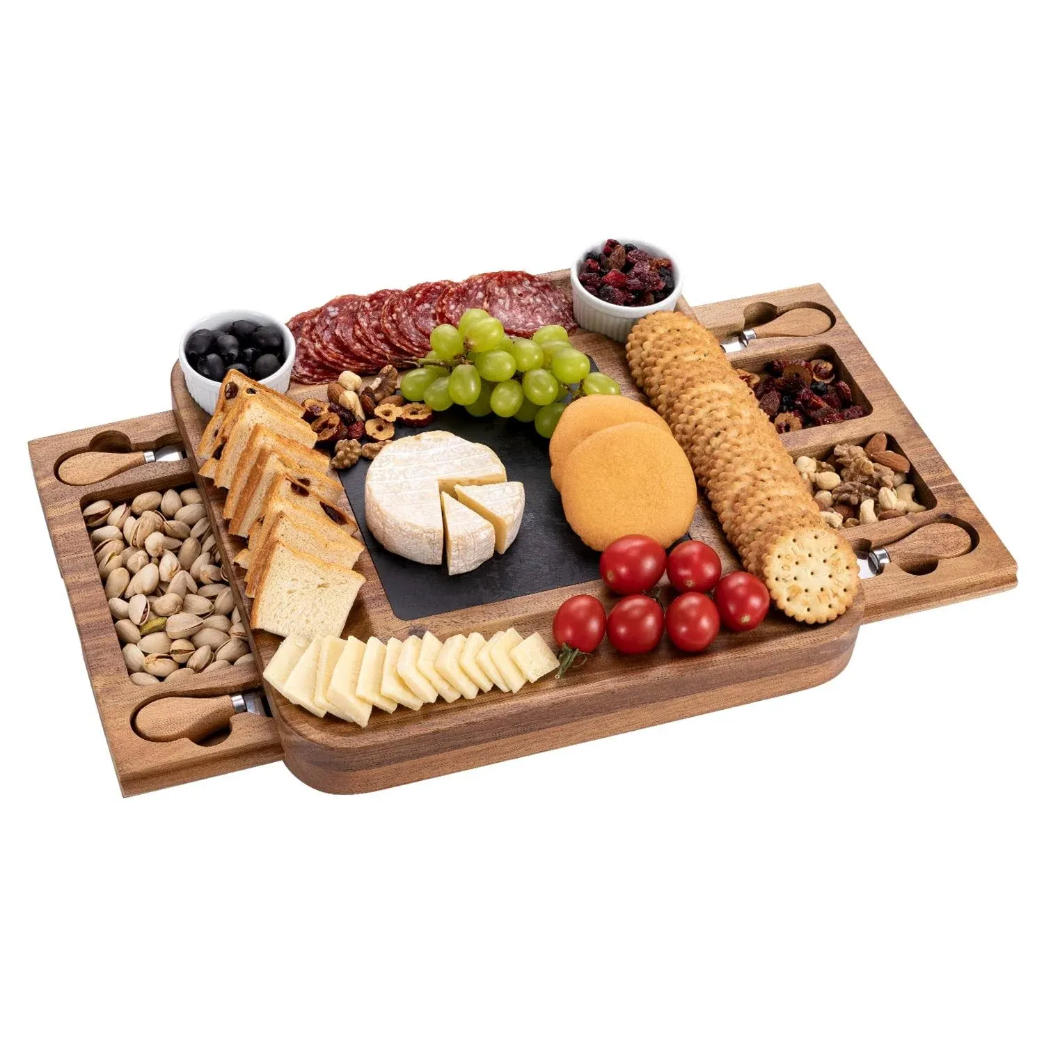 HBlife Acacia Slide-Out Drawer Cheese & Charcuterie Board with Knife Set - Wine and Cheese Platter, Housewarming & Wedding Gift