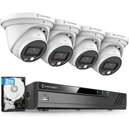 Amcrest 4K Security Camera System, 4K 8CH PoE NVR, (4) x 4K Night Color Turret POE IP Cameras, Active Deterrent, Pre-Installed 2TB Hard Drive, NV4108E-2779EW4-2TB (White)