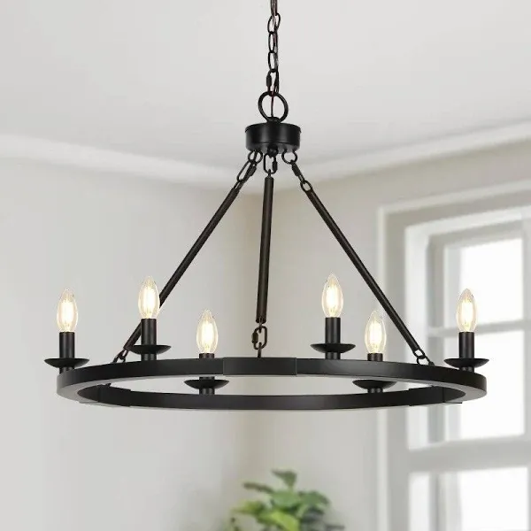 Black Farmhouse Chandelier 6-Light Wagon Wheel with Adjustable Height Dining Room ...