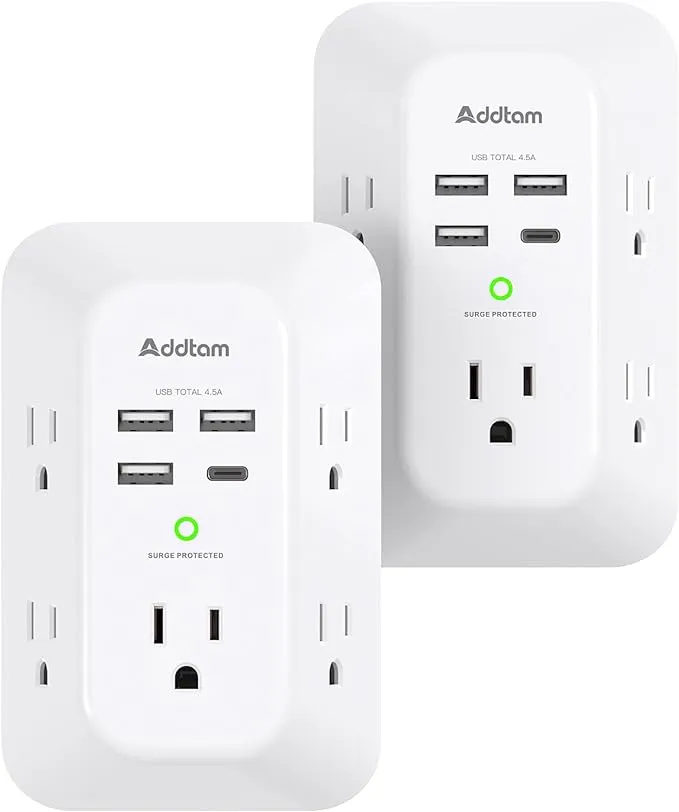 2 Pack Addtam USB Wall Charger Surge Protector, 5 Outlet Extender with 4 USB Charging Ports (1 USB C Outlet) 3 Sided 1800J Power Strip Multi Plug Outlets, Wall Adapter Spaced for Home Office