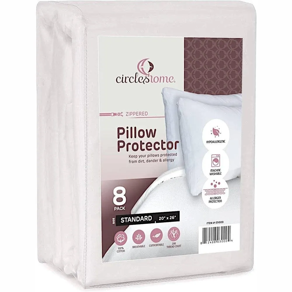 CIRCLESHOME Zippered Pillow Protectors Standard – 8 Pack 100% Cotton