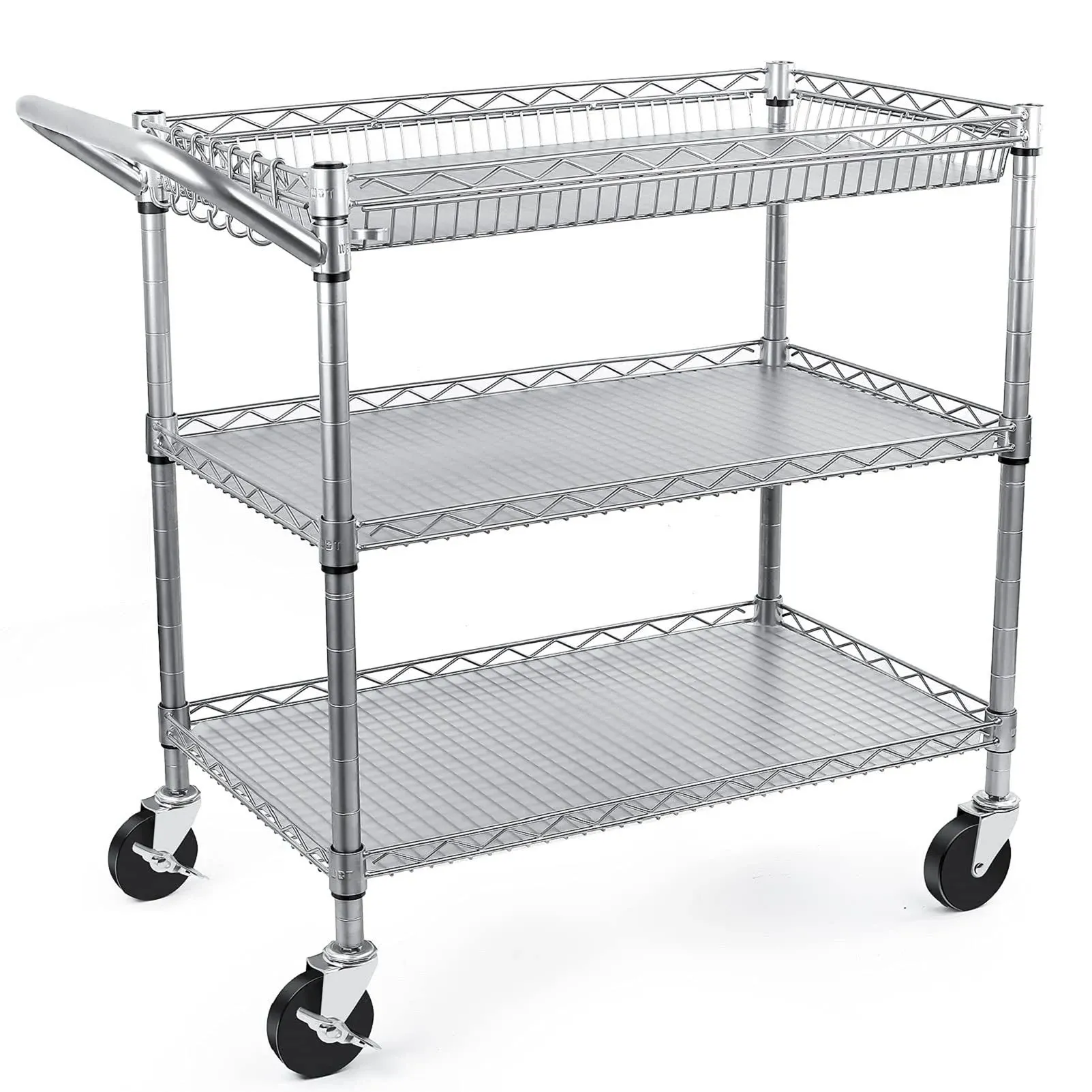 Seville Classics UltraDurable NSF Commercial Heavy Duty Metal Rolling Utility Cart, w/ Steel Shelves, Handle Bar for Restaurant, Garage, Warehouse, Kitchen, Office, Deep Top Basket (34.75"W x 18.25"D)