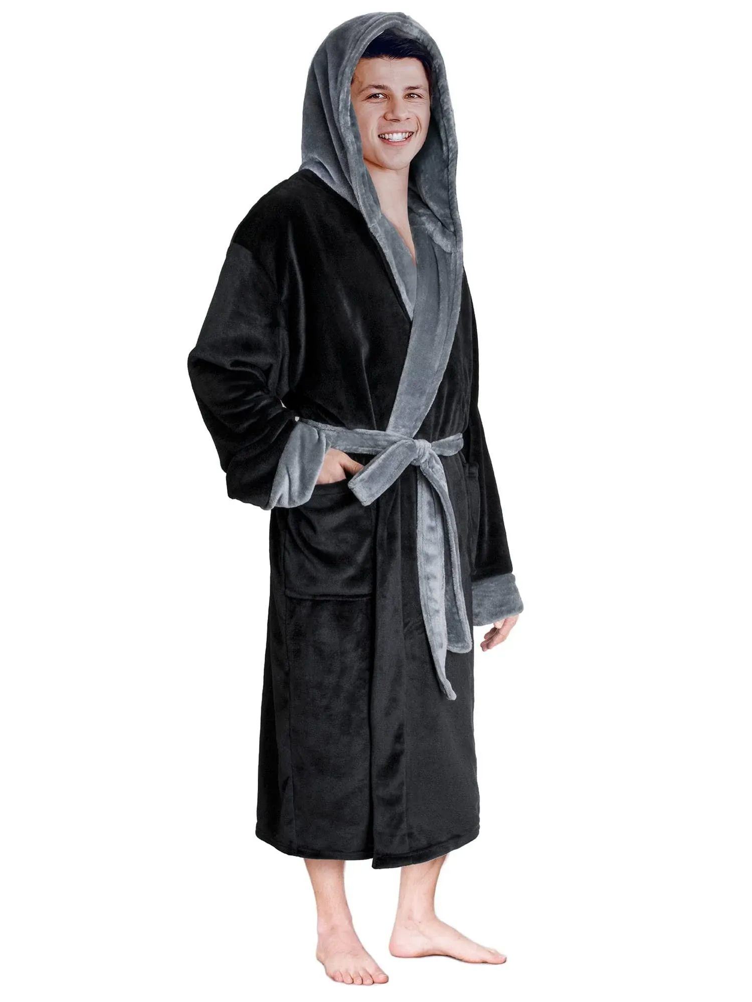 Mens Fleece Robe Hooded Bathrobe Shawl Collar Spa Robe with Hood Soft Microfiber