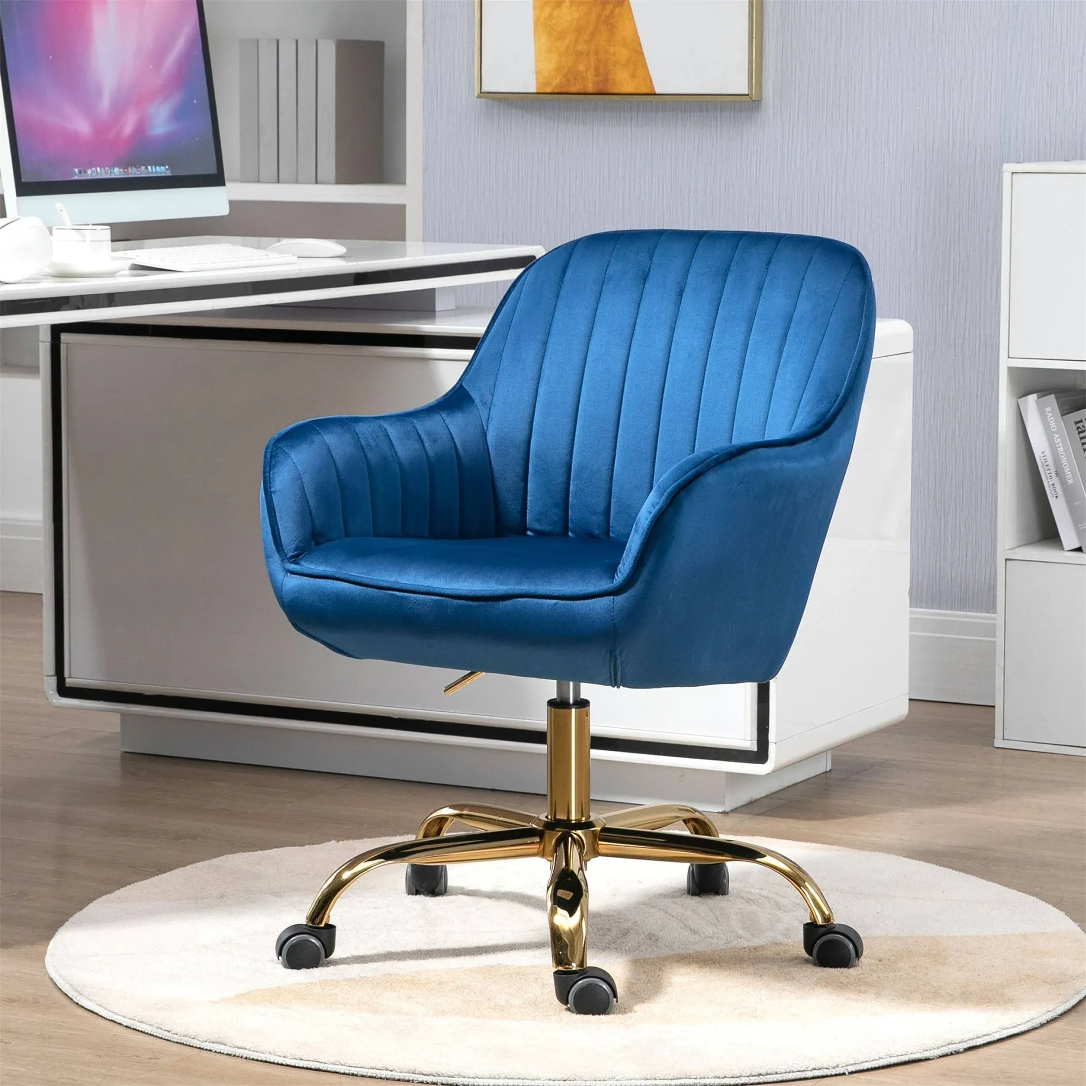 360° Velvet Swivel Adjustable Working High Back Chair - Dark Blue