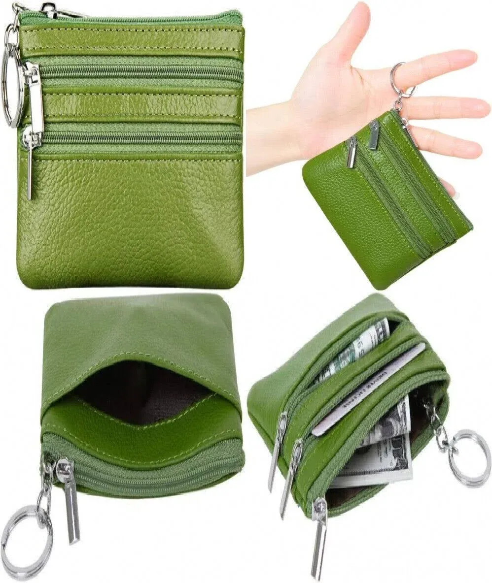 Women&#039;s Genuine Leather Coin Purse Mini Pouch Change Wallet with Keychain ,green