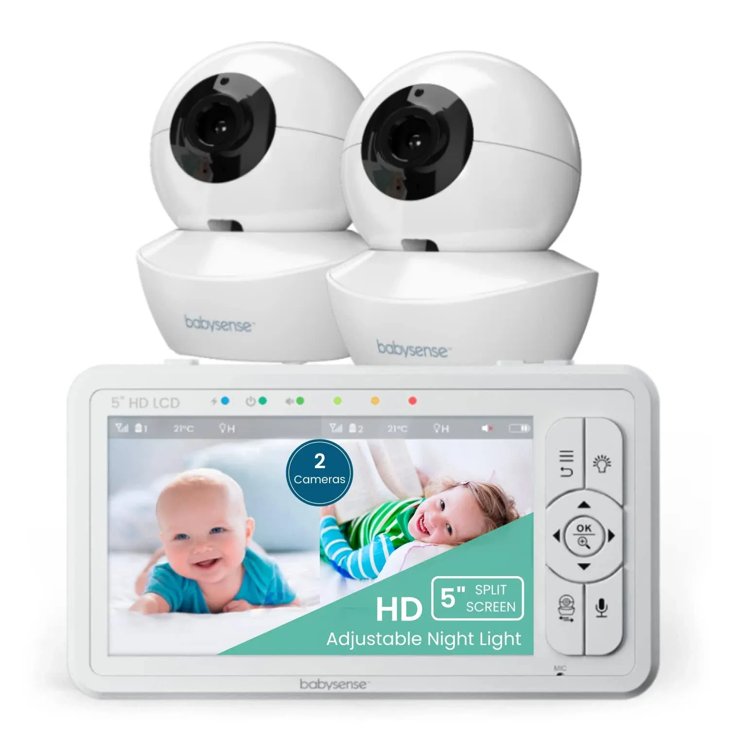 Babysense 5" HD Split Screen Video Baby Monitor, 2 Cameras, Night Light, Non-wifi ...