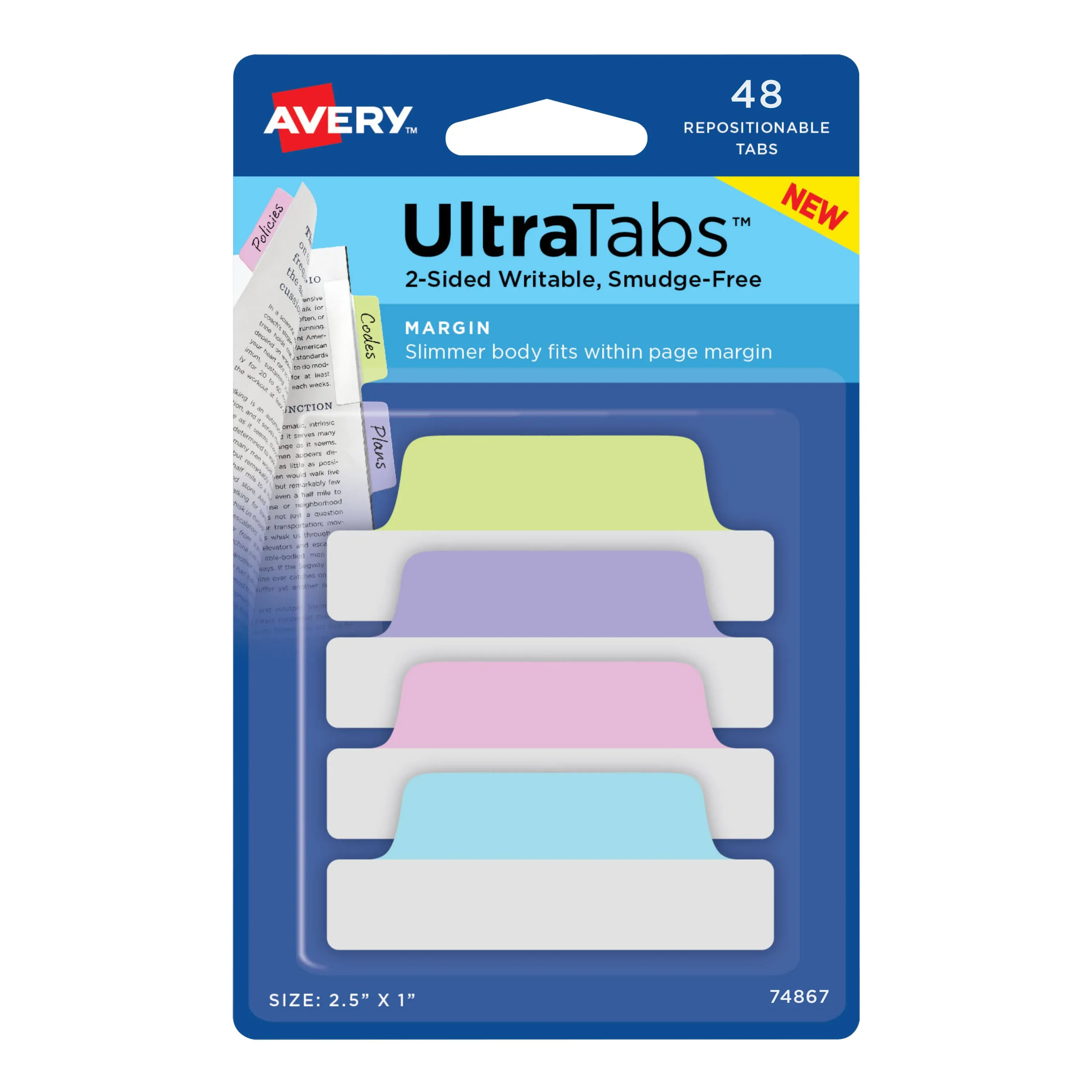 Ultra Tabs Repositionable Margin Tabs, 1/5-cut Tabs, Assorted Pastels, 2.5" Wide, 48/pack