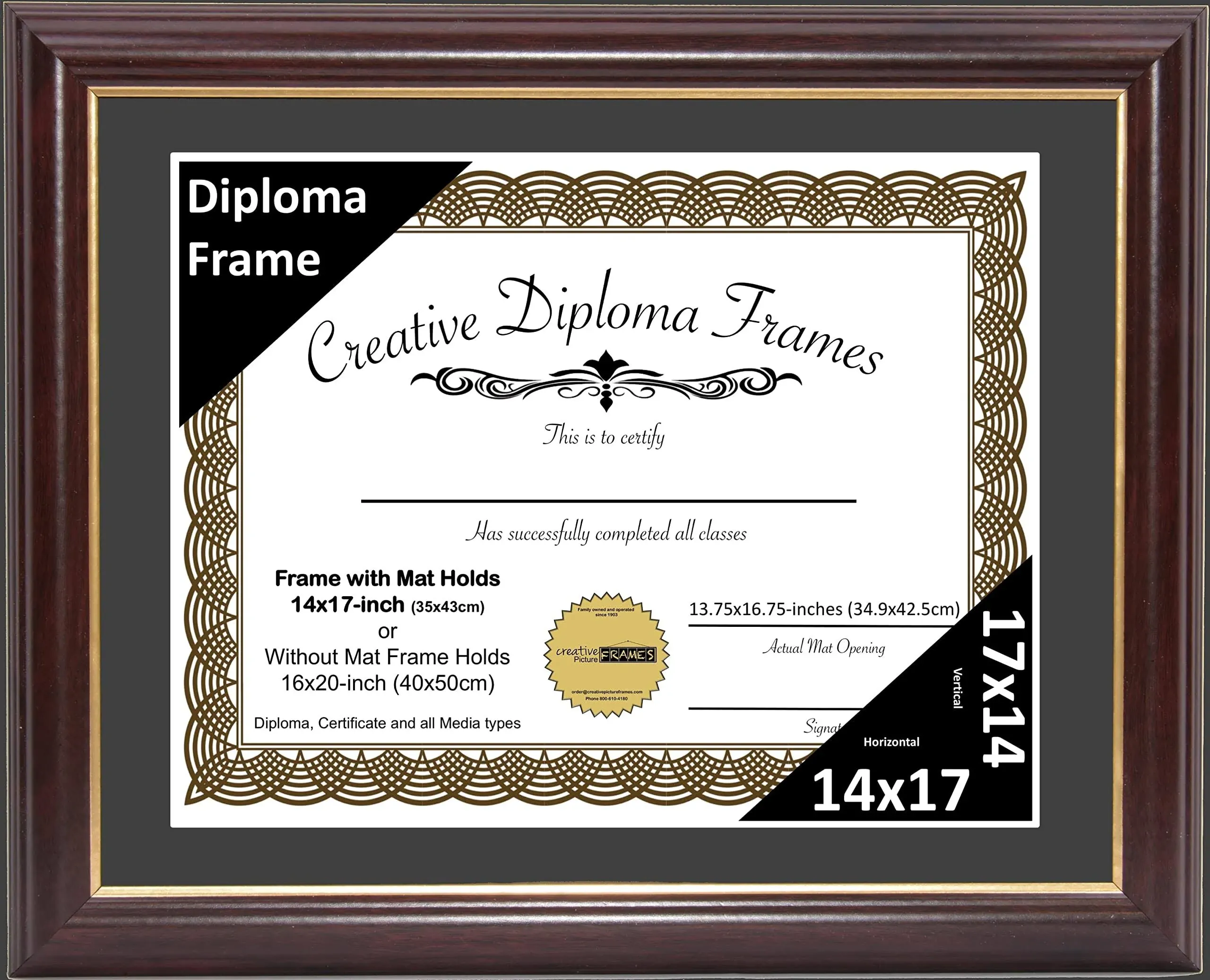 Creative Picture Frames 14" x 17" Rockefeller Mahogany with Gold Rim Diploma Frame, Displays 14" x 17" Certificate or 16" x 20" Document without Mat, College Degree Frame with Glass, Black Mat