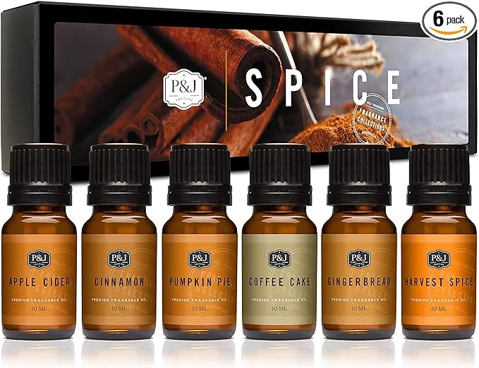 P&J Trading Spice Set of 6 Premium Grade Fragrance Oils - Cinnamon, Harvest Spice, Apple Cider, Coffee Cake, Gingerbread, Pumpkin Pie - 10ml