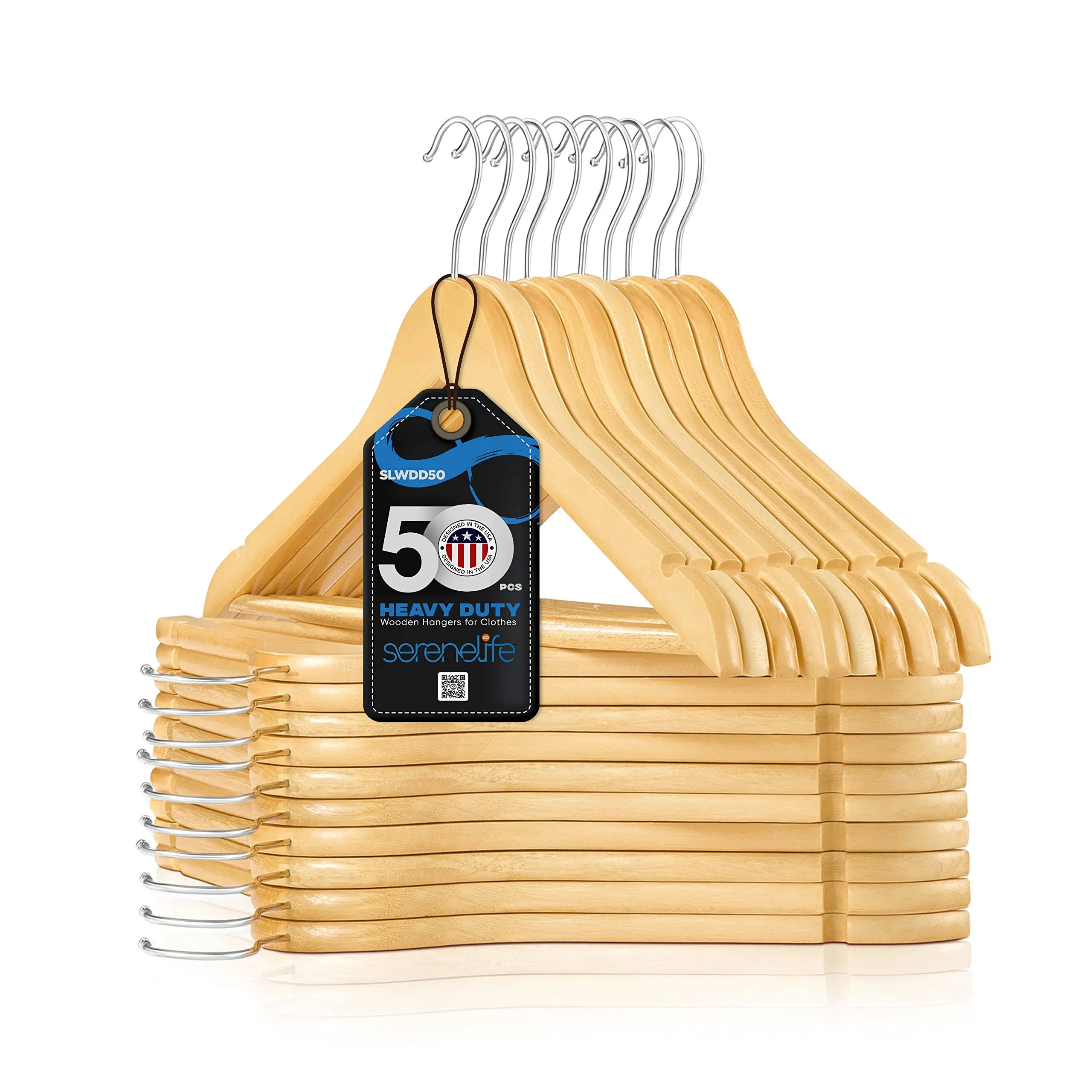 SereneLife Wooden Hangers 10 Pack, Non-Slip, Sturdy, Heavy Duty Suit Hanger Set with 360° Chrome Swivel Hook, Space-Saving Wood Hangers Closet Organizer for Clothes, Coat, Pants, Dress (Natural)