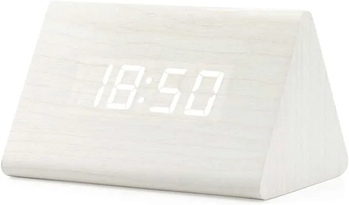 Wooden Wood Clock New LED Alarm Desk Clock Displays Time Date Temperature - White