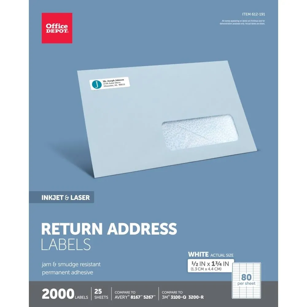 Office Depot Inkjet/Laser Return Address Labels, 0.5&#034; x 1.75&#034;, White, 2000-Pack