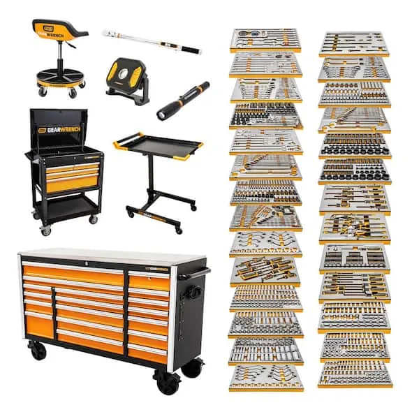 GEARWRENCH MEGAMOD 72 in. W x 25 in. D 18-Drawer Mobile Workbench Cabinet with Master Mechanics Tool Set in Foam Trays MEGAMOD1268