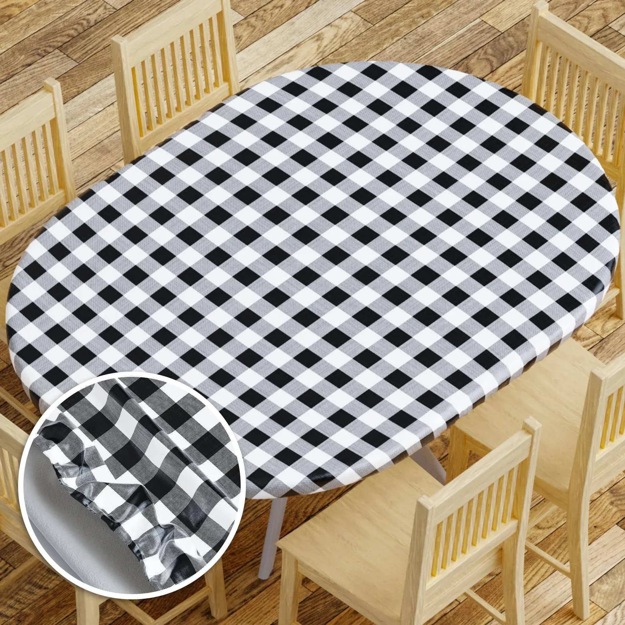 Sorfey Tablecover -Fitted with Elastic, Vinyl with Flannel Back, Fits for Table 48" W x 68" to 72" L Oval/Oblong, Stretchable Conveniently, Water Proof, Easy to Clean, Checked Black Design