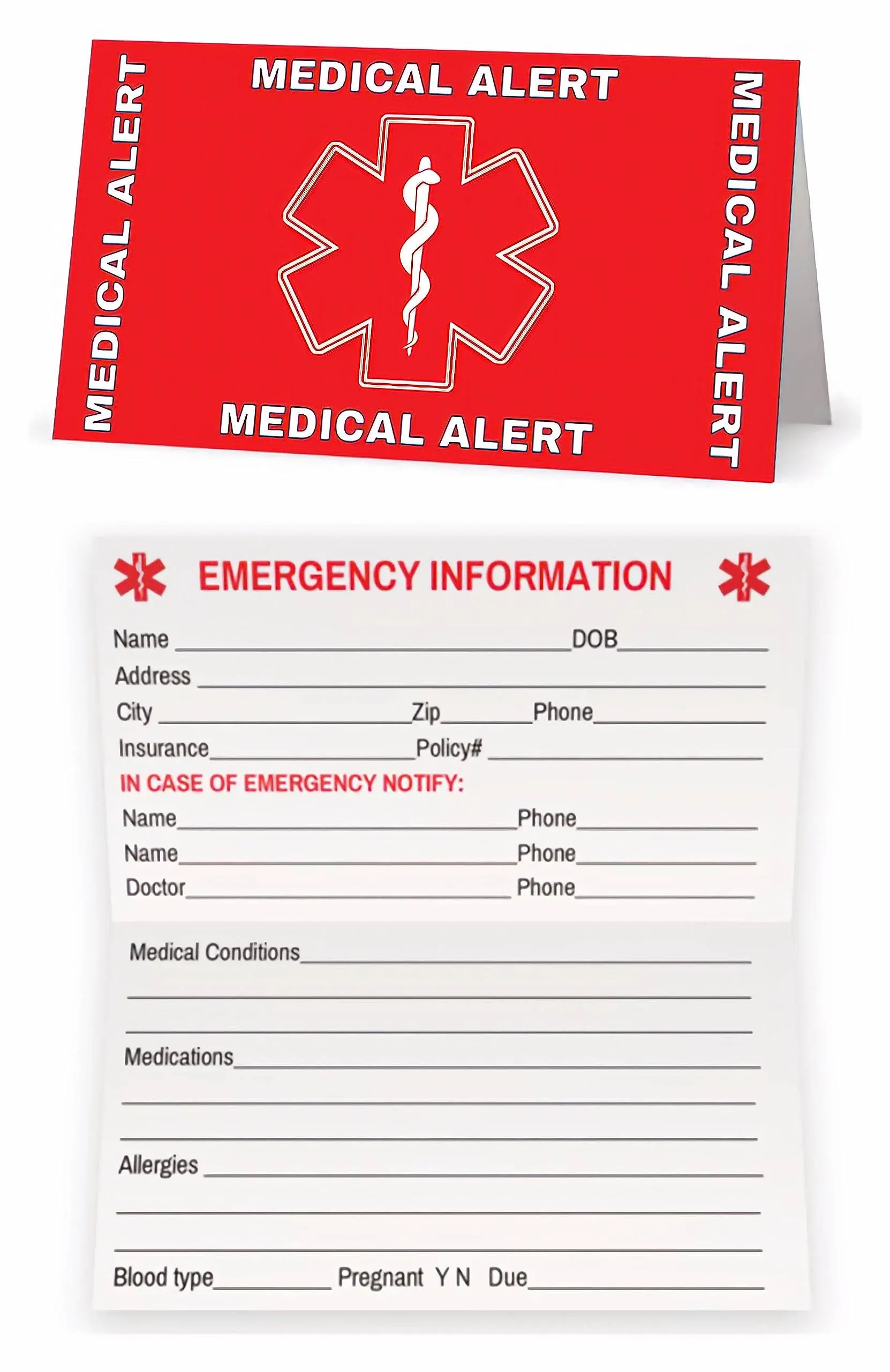 Medical Condition and Emergency contact ID Wallet Card Folding, medical alert card (10 pack)