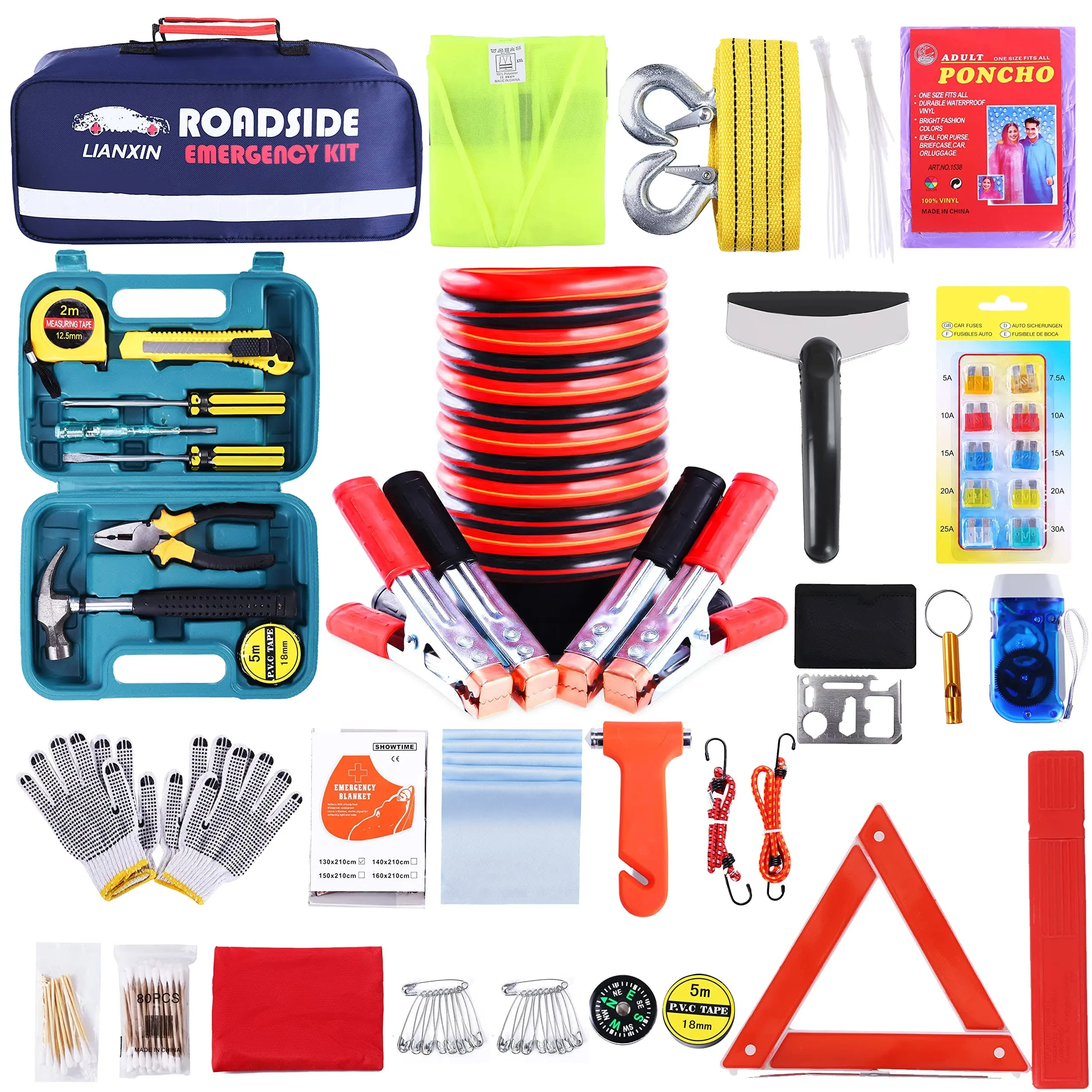 Car Roadside Emergency Kit with Jumper Cables, Auto Vehicle Safety Road .