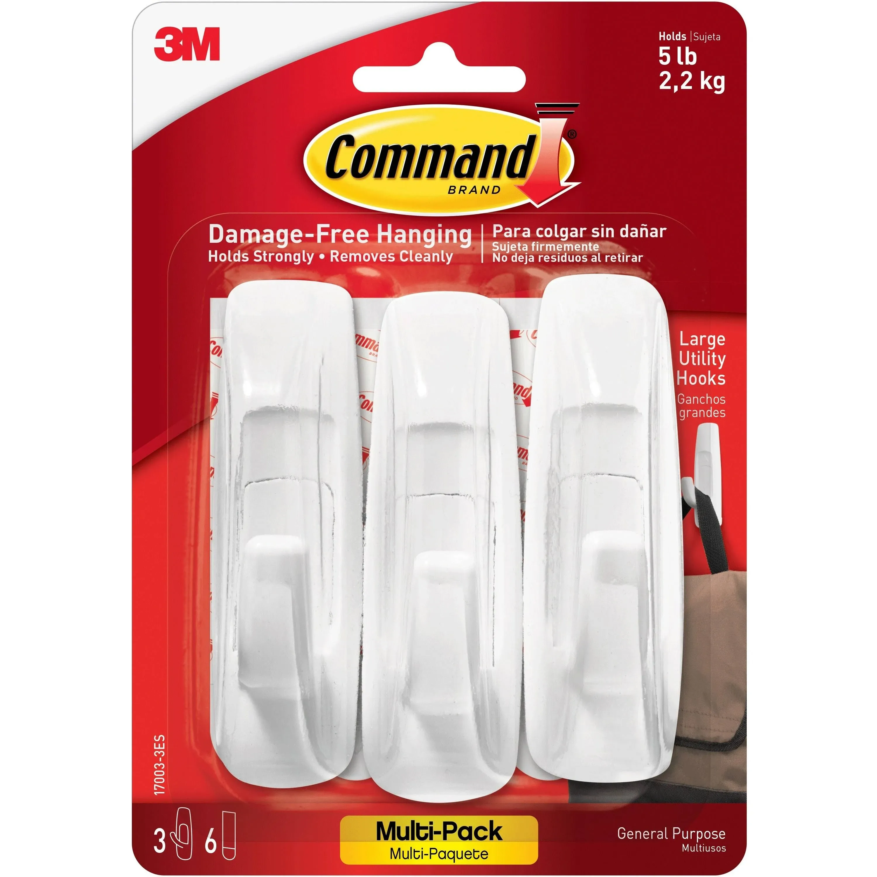 Command, Large Utility Hooks, Value Pack, White, 3 Pack