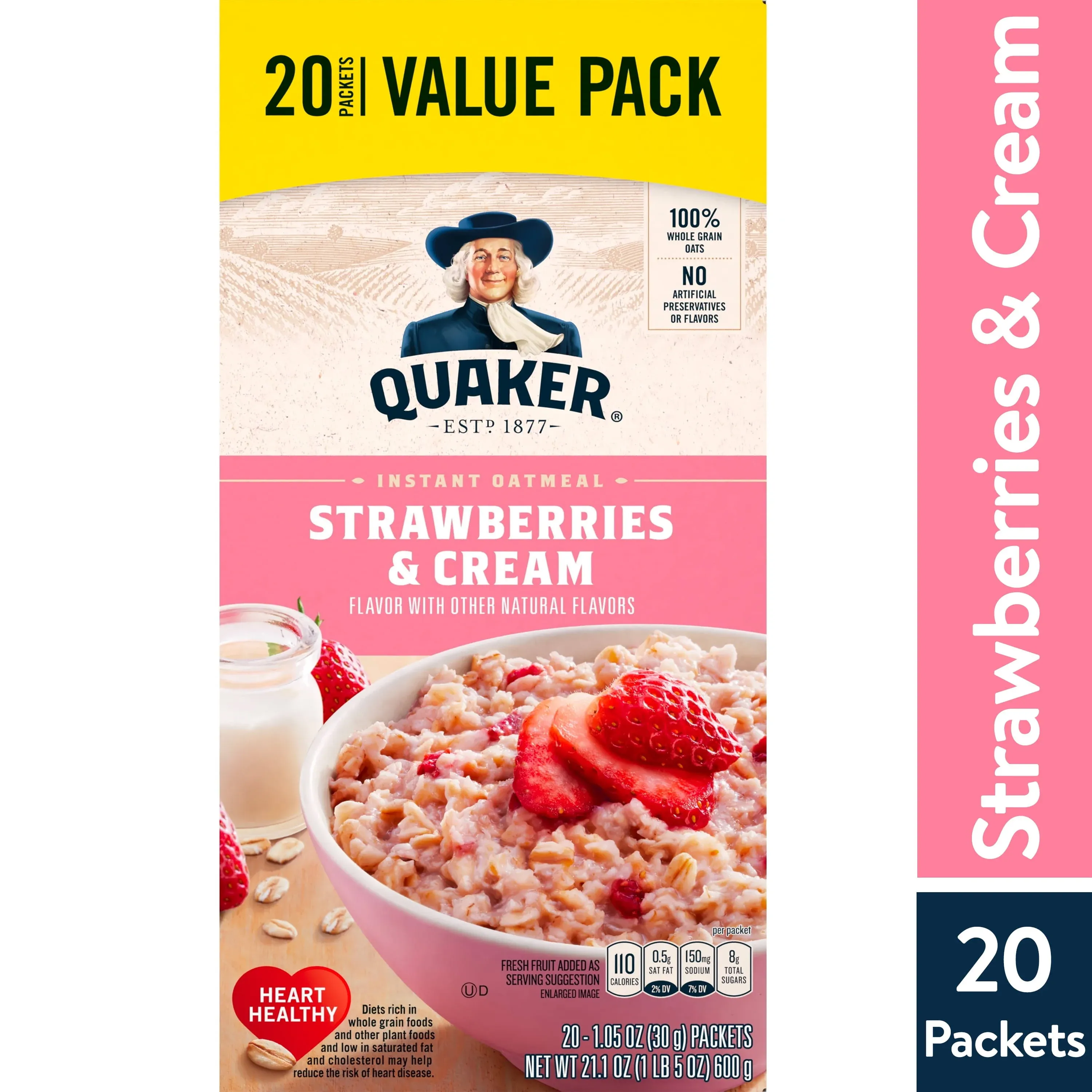 Quaker Instant Oatmeal, Strawberries & Cream, 1.05 Oz, Pack of 44