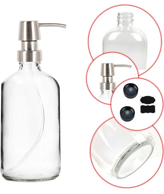 Youngever 3 Pack 16 Ounce Clear Glass Boston Round Bottles with Stainless Steel Pumps, Glass Soap Dispensers with Extra Labels and Lids, Great for Essential Oils, Lotions, Liquid Soaps