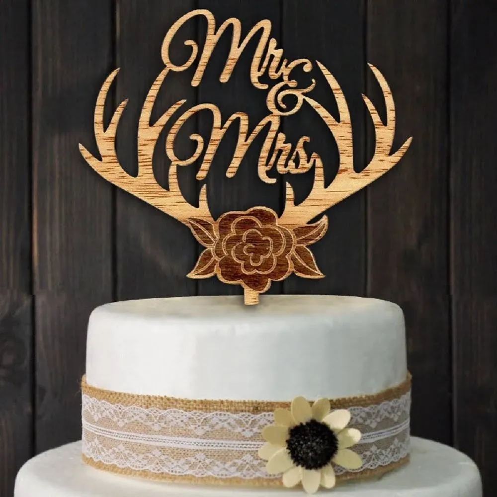 Mr &amp;Mrs Cake Toppers Rustic Flower Tree Wood Wedding Party Engagement Decoration