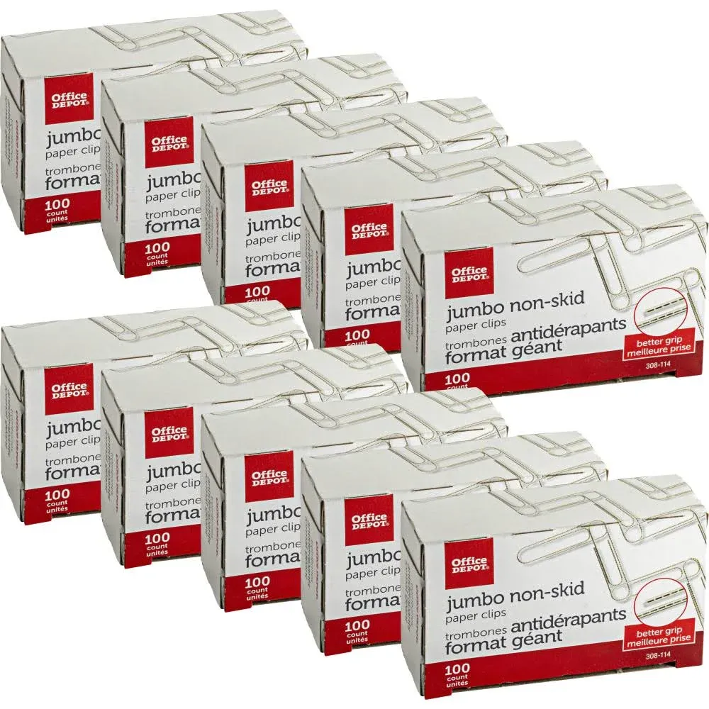 Office Depot Brand Paper Clips, Jumbo, Silver, 100 Clips per Box, Pack of 10 Boxes