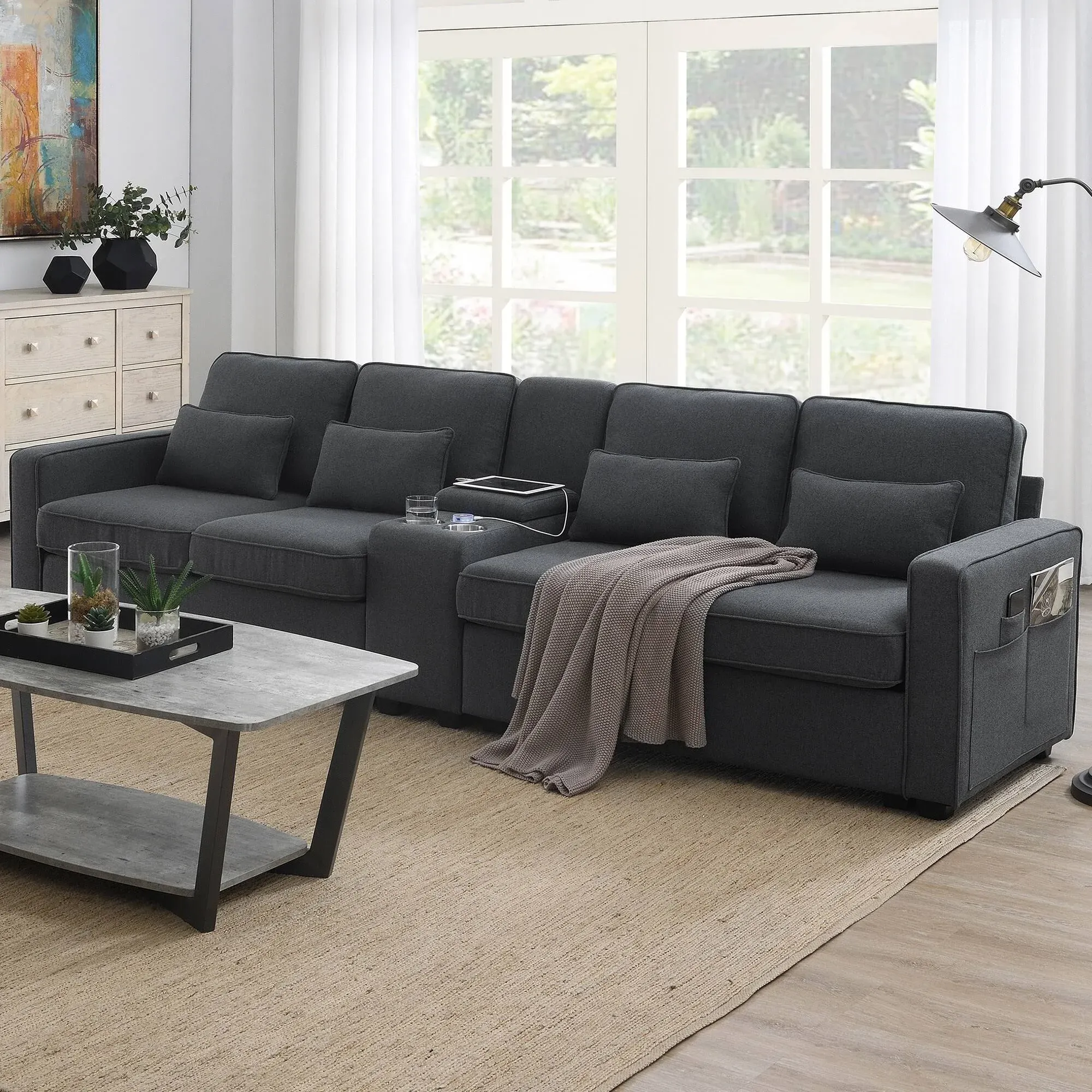 114.2" 4-Seat Upholstered Sofa with Storageable Coffee Table and 2 Cupholders, Linen Fabric Couches with 2 USB Ports Wired or Wirelessly Charged for Living Room (Dark Grey+Storageable Coffee Table)