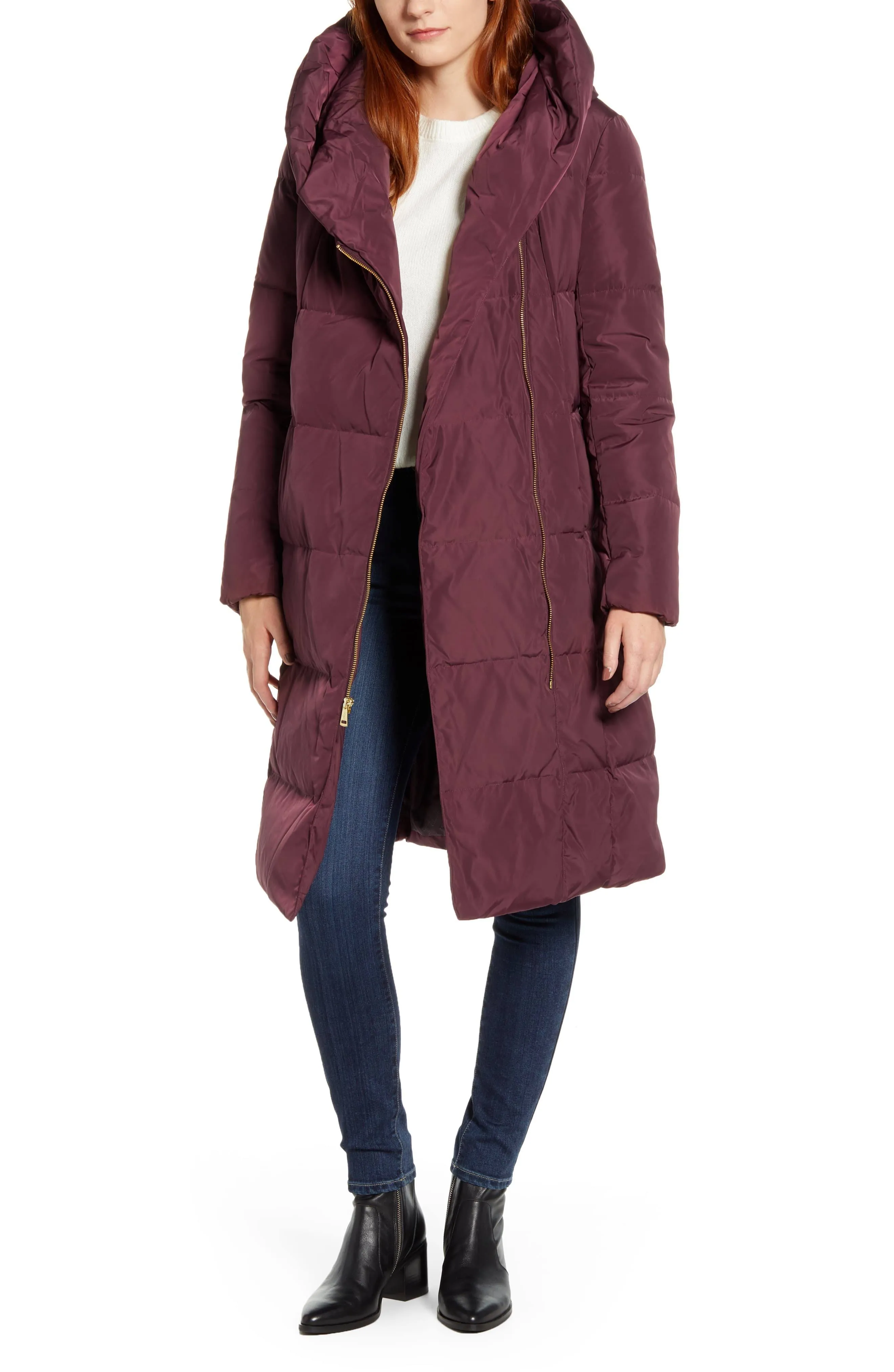 $300 NWT COLE HAAN SzL HOODED ASYMMETRICAL ZIP LONG DOWN PUFFER COAT MERLOT