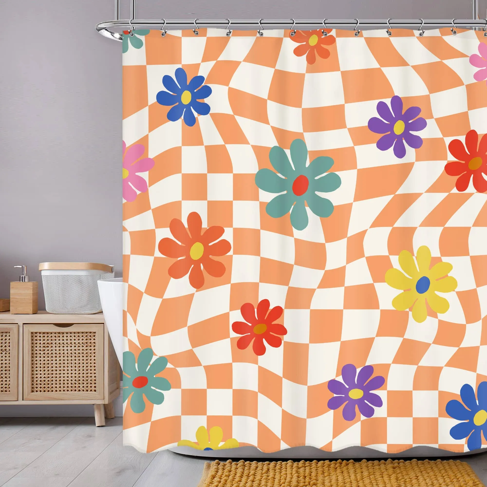 70S Vintage Flower Shower Curtain 60Wx72H Inch Colorful Floral Orange White Abst