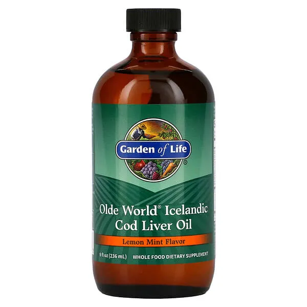 Garden of Life Olde World Icelandic Cod Liver Oil Liquid - Lemon Mint Flavor - 1,000mg Omega 3 Fish Oil, Fatty Acids, EPA, DHA, Vitamin D & A, CLO Fish Oil Supplements for Hearth Health, 47 Servings