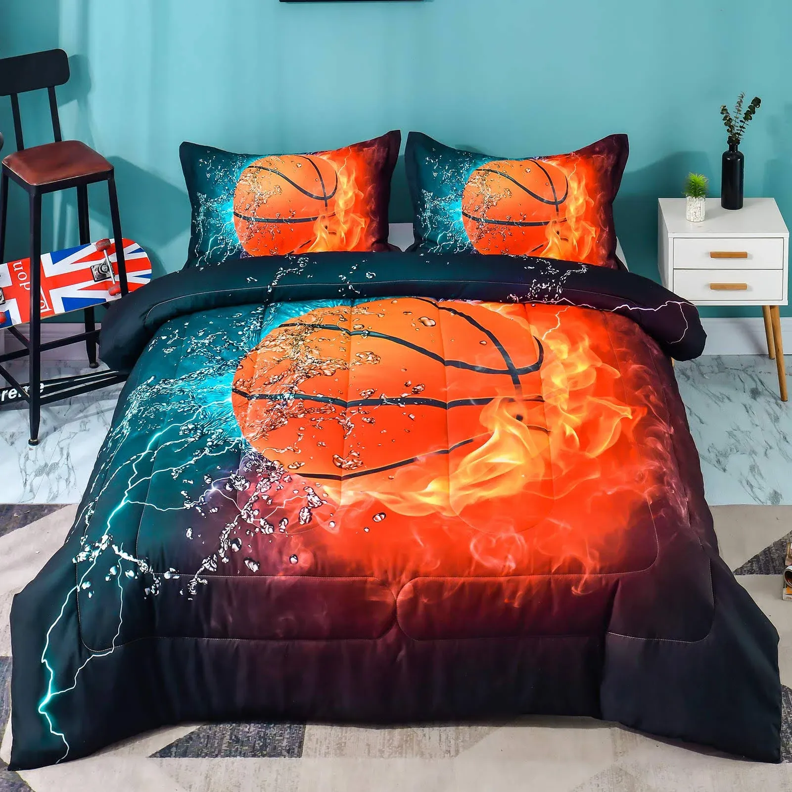 Andency Basketball Comforter Twin(66x90 Inch), 2 Pieces(1 Basketball Comforter, 1 Pillowcase) Sport Microfiber Basketball Comforter Set Bedding Set for Kids Boys Teens