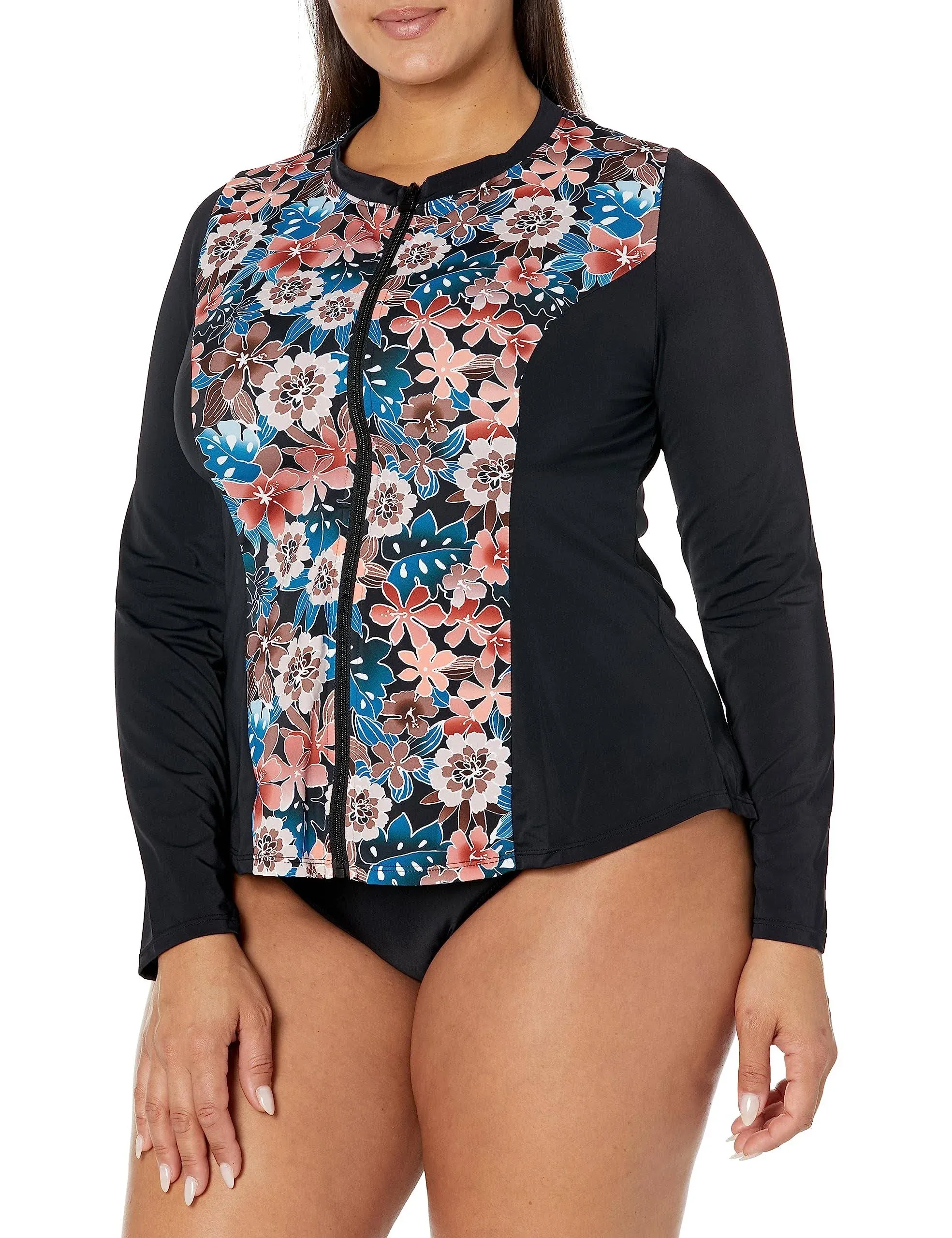 Fit 4 U Women's Plus Moon Shadow Long Sleeve Swim Shirt, Multi 24W