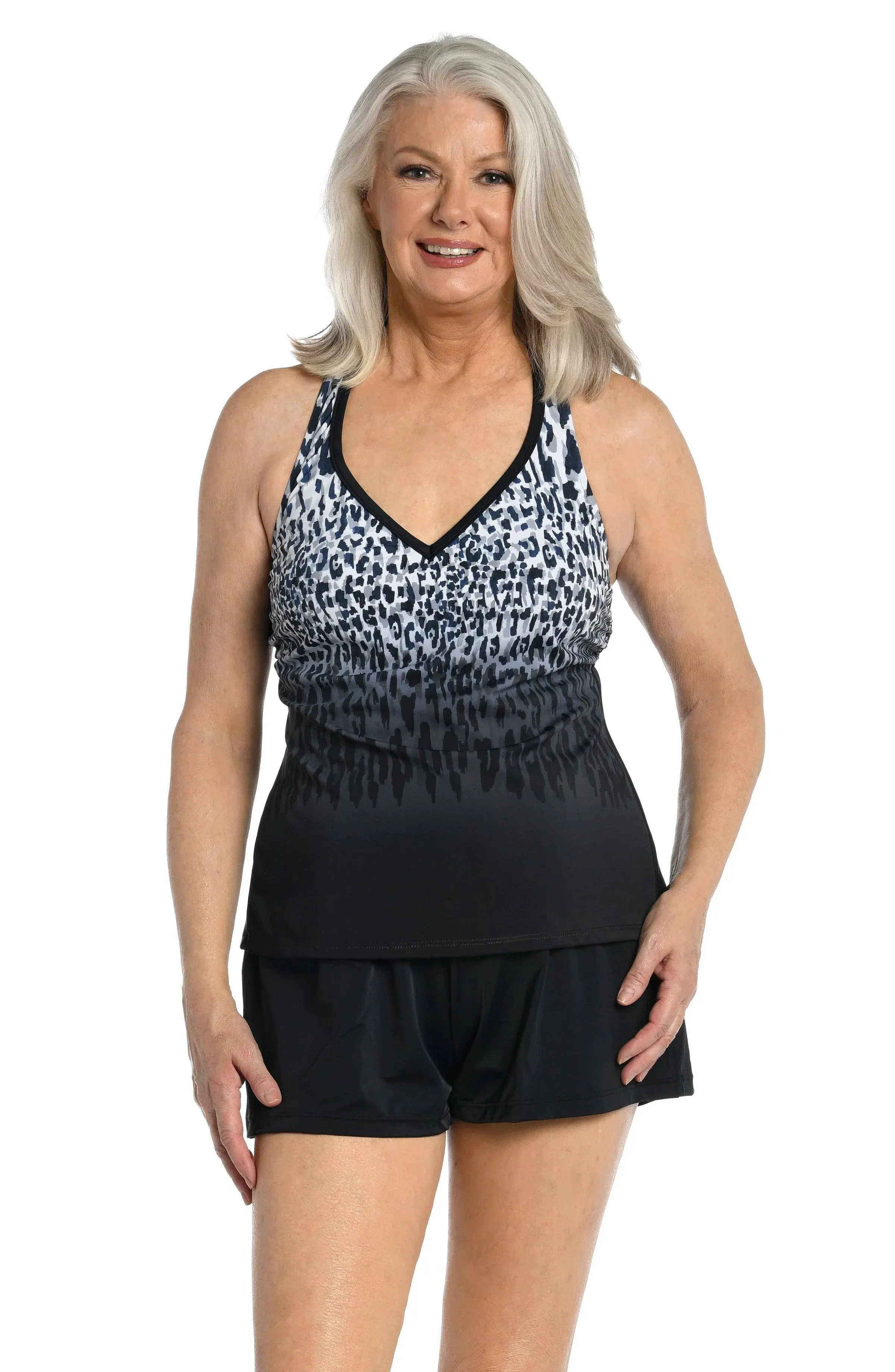 Maxine Ombre Animal V-Neck Racer Back Tankini Top - Final Sale, Women's, Size: 12, Black