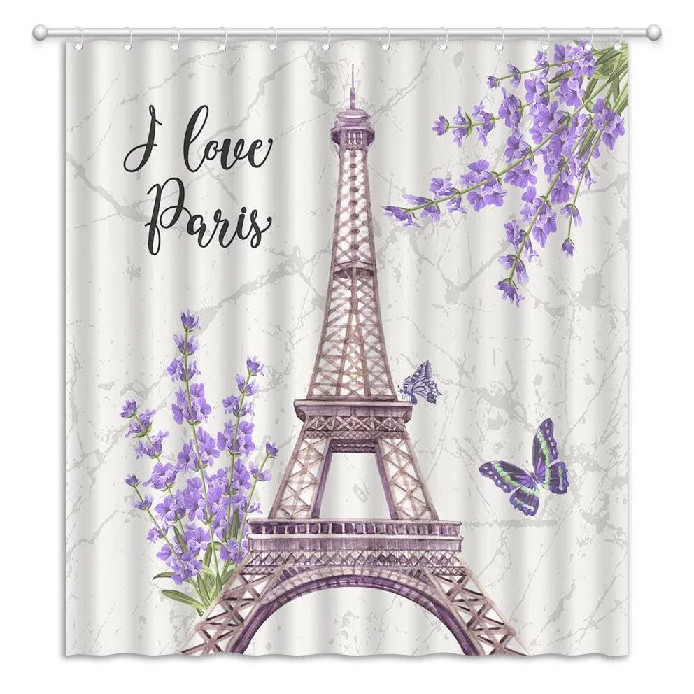 hztzdmhh AMNYSF Retro Paris Shower Curtain Watercolor Eiffel Tower Purple ...