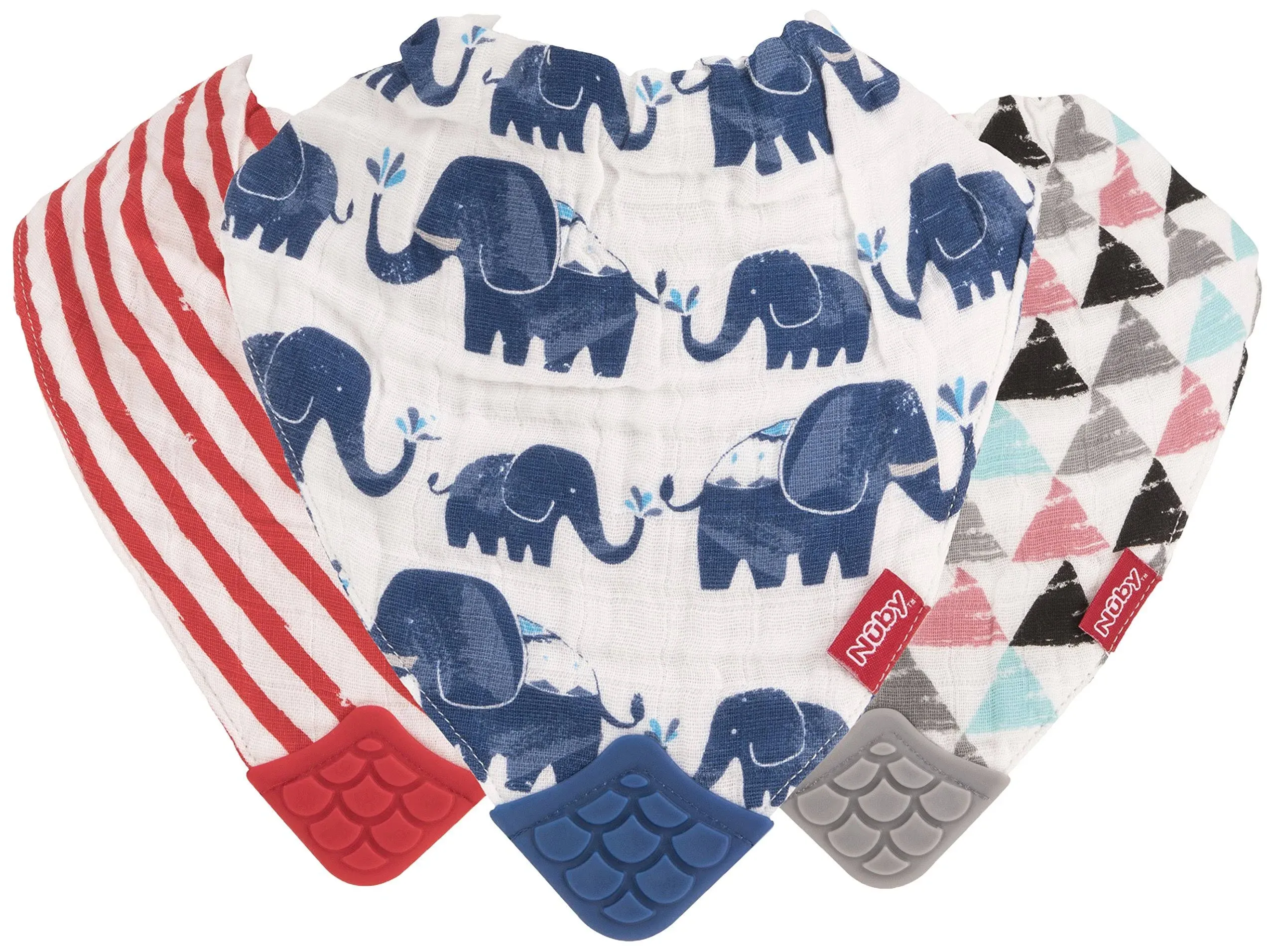 Nuby Reversible 100% Natural Cotton Muslin 3 Piece Teething Bib, Grey/Red/Blu..<wbr/>.