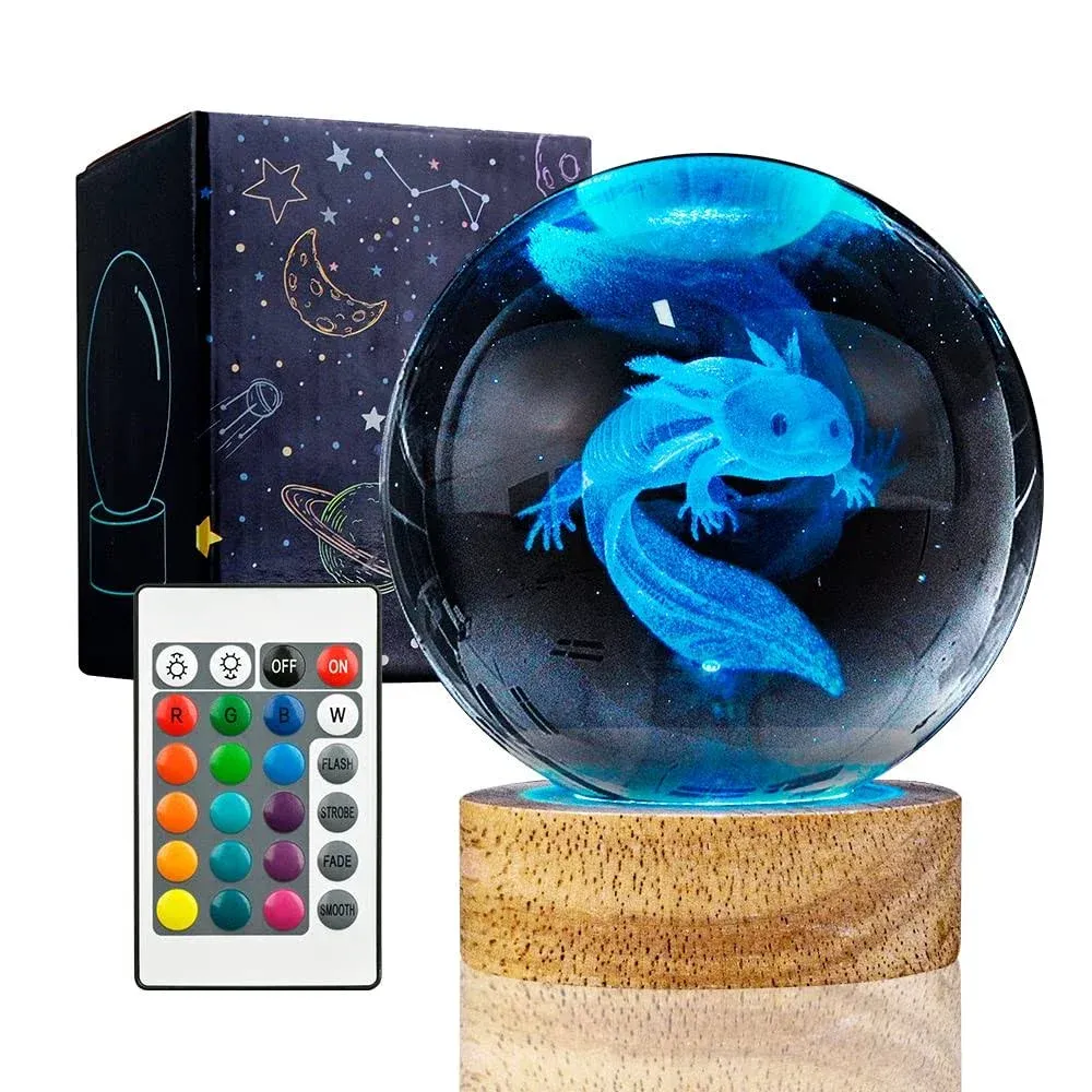 YYLZEPHB 3D Axolotl Crystal Ball Night Light with 16 Color LED Wooden Base ...