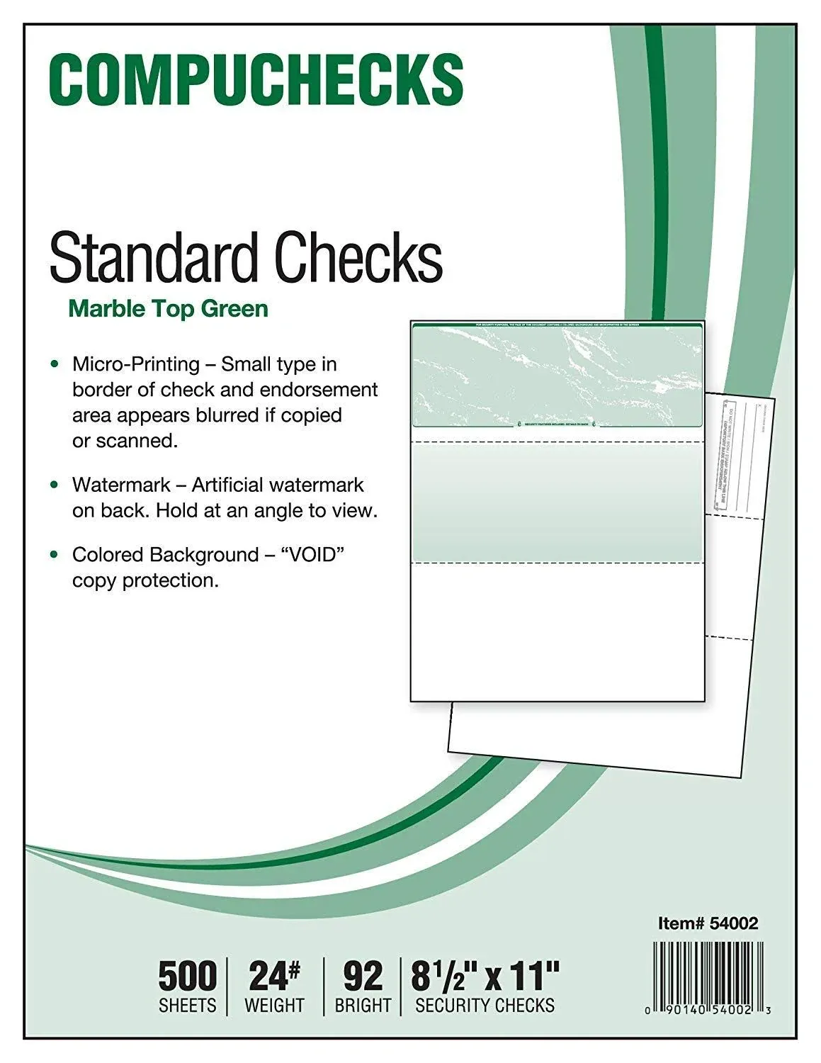 COMPUCHECKS 54002/ 500 sheet STANDARD Security CHECKS Marble Top Green 24 lb/92