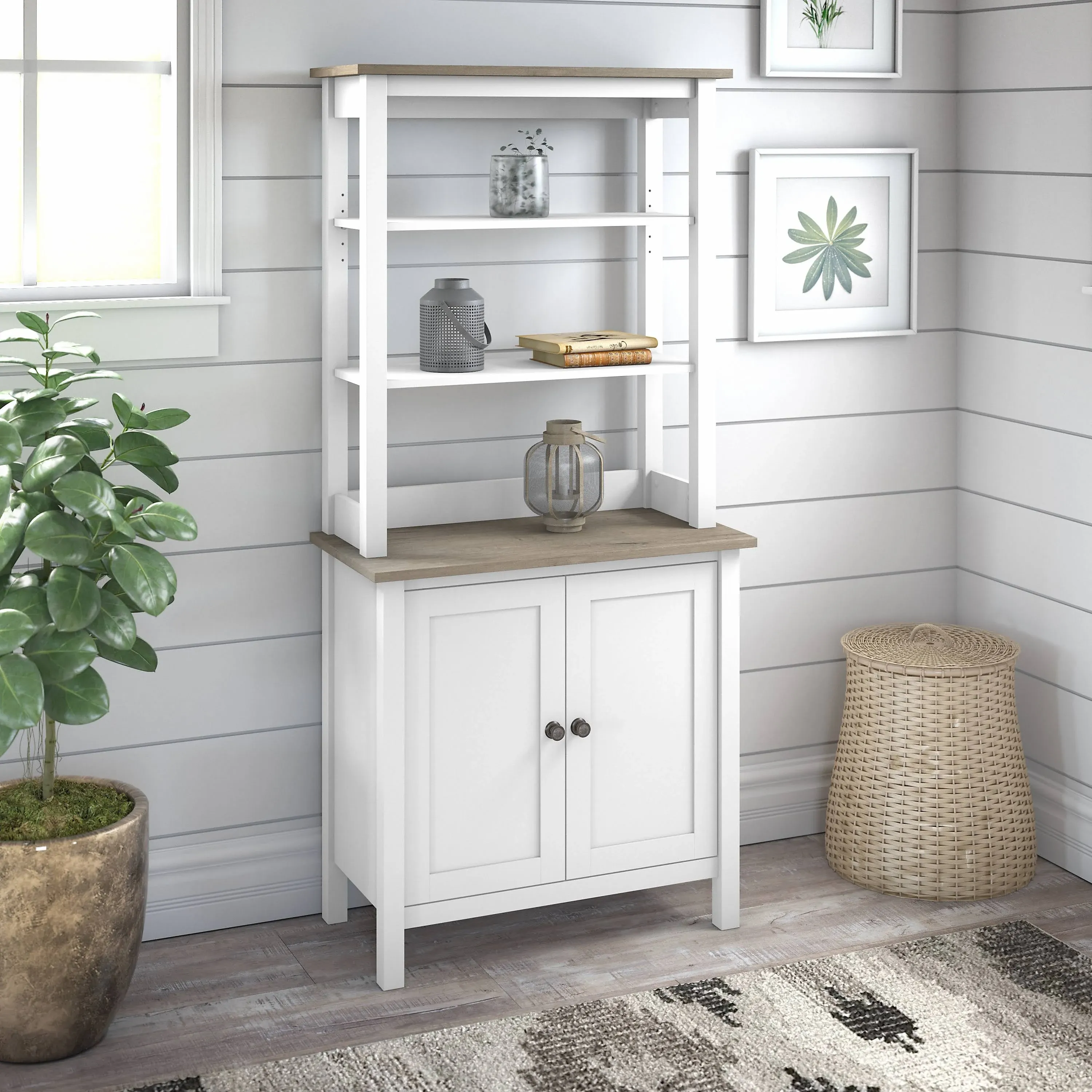 Mayfield Bush Furniture 5 Shelf Bookcase with Doors in Pure White and Shiplap Gray