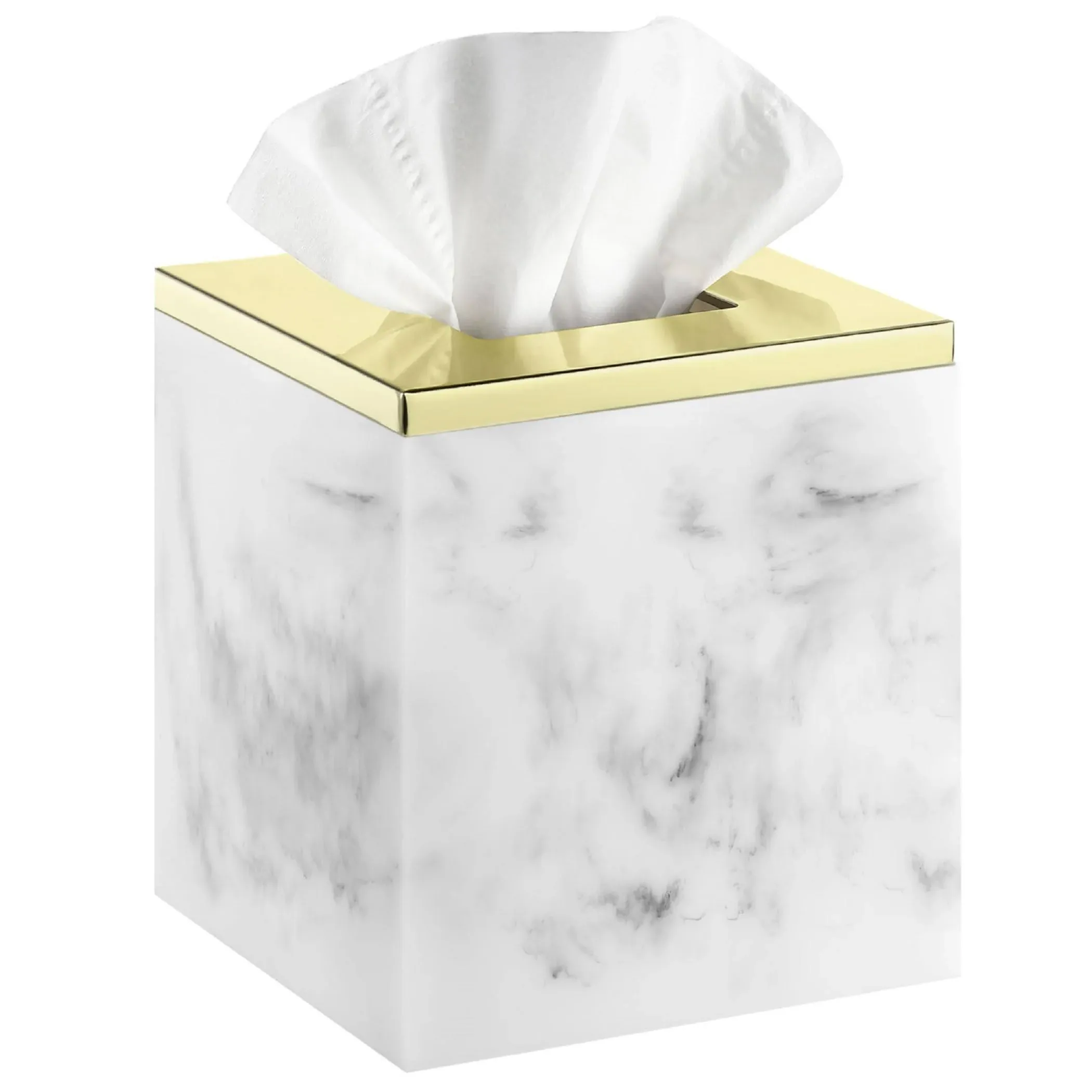 Luxspire Marble Tissue Box Cover, Square Tissue Box Holder with Golden Lid, Resin Modern Tissue Holder, Napkin Dispenser for Bathroom Vanity Countertop, Night Stands, Marble White + Gold