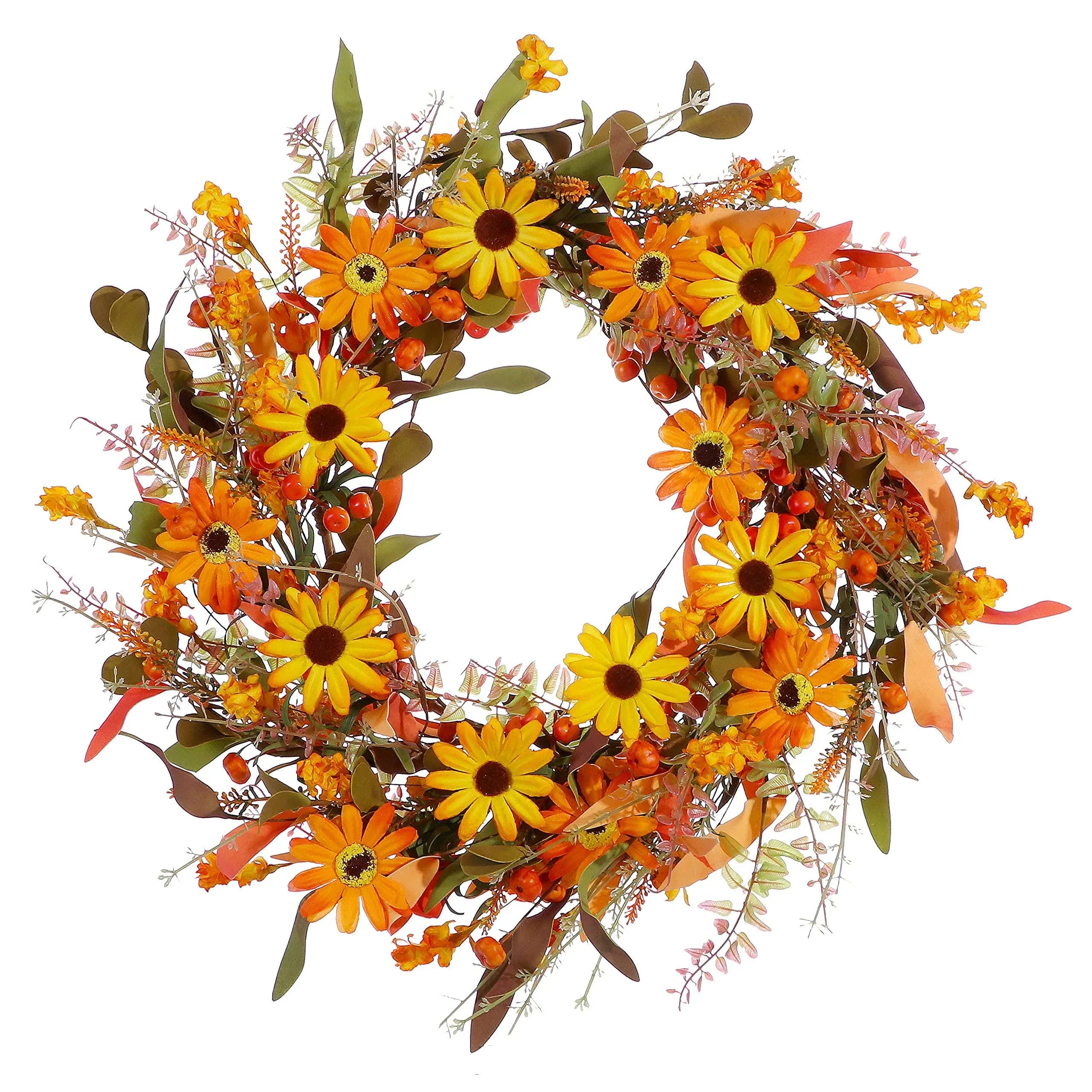 Fall Front Door Wreath,20” Artificial Floral Wreath with Orange Daisies and ...