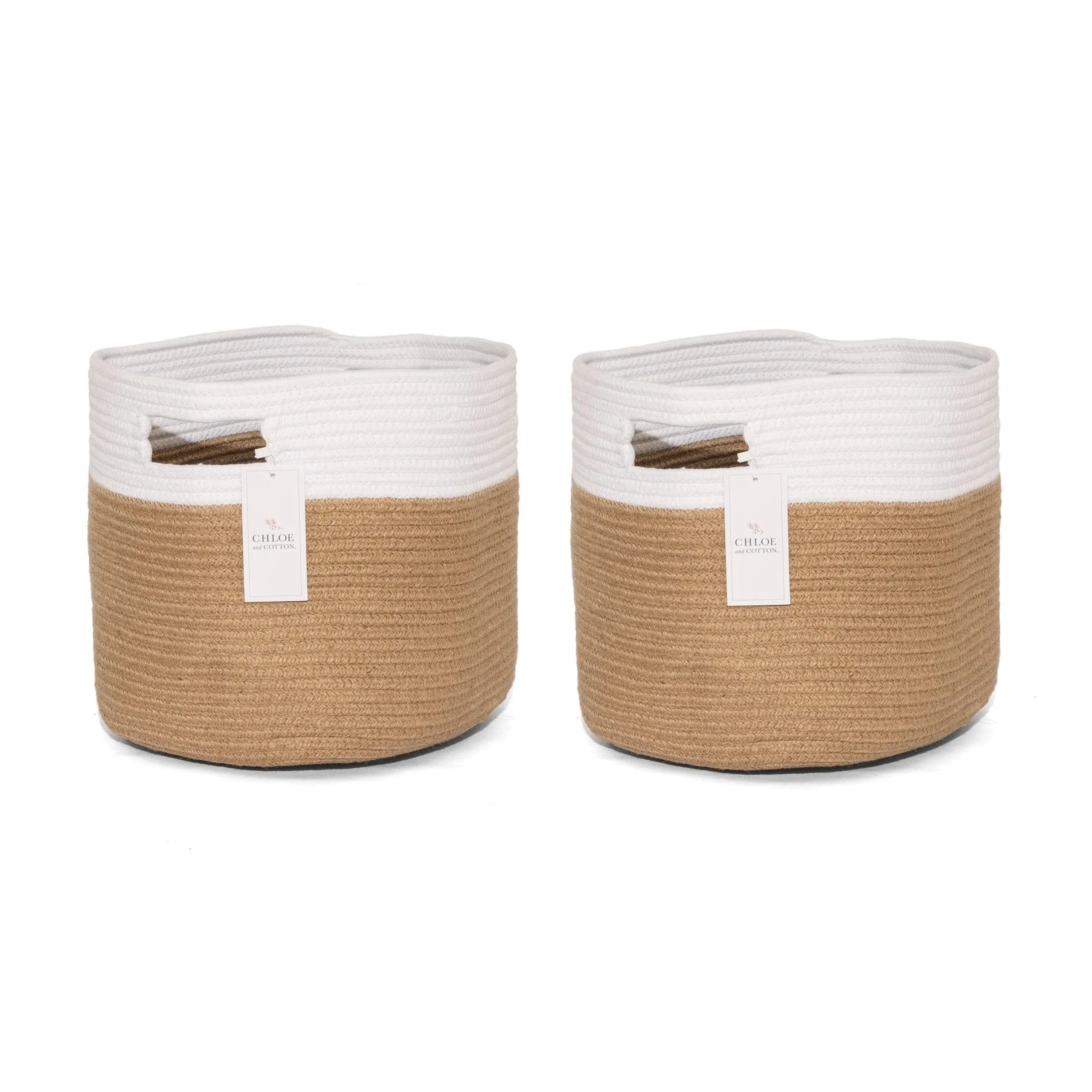 Chloe and Cotton Woven Fabric Cube Storage Baskets Jute White with Handles | Set of 2 | Cute Decorative Bins Containers