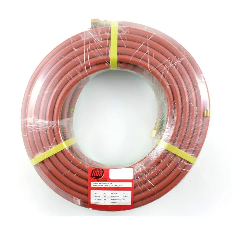 50 Feet Grade T 1/4" Oxyfuel Welding & Cutting Twin Hose with Bb Fittings SA