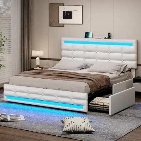 Queen LED Bed Frame w/4 Drawers &amp; Charging Station Pu Leather Platform Bed White