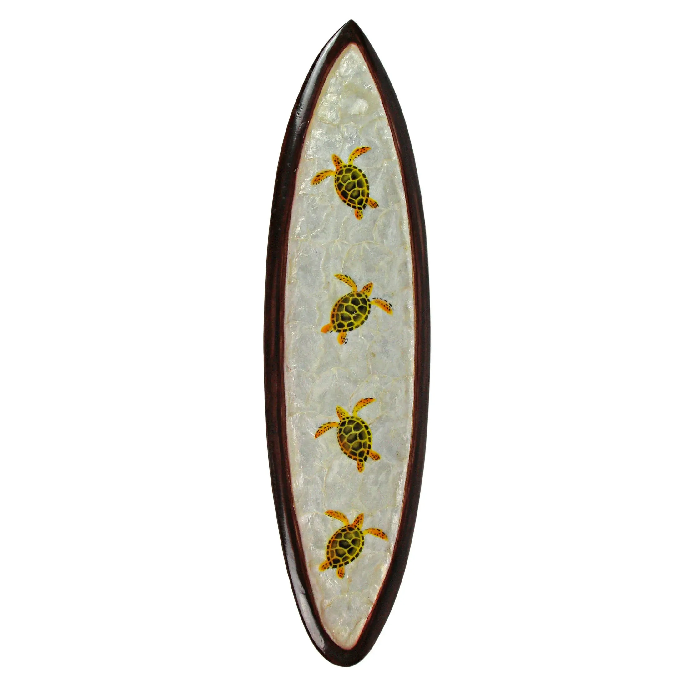 Zeckos Hand-Carved Wood and Capiz Shell Decorative Surfboard Featuring Four Sea Turtles - Artisan Crafted - Coastal Ocean Art Wall Decor Measuring 31 Inches Long