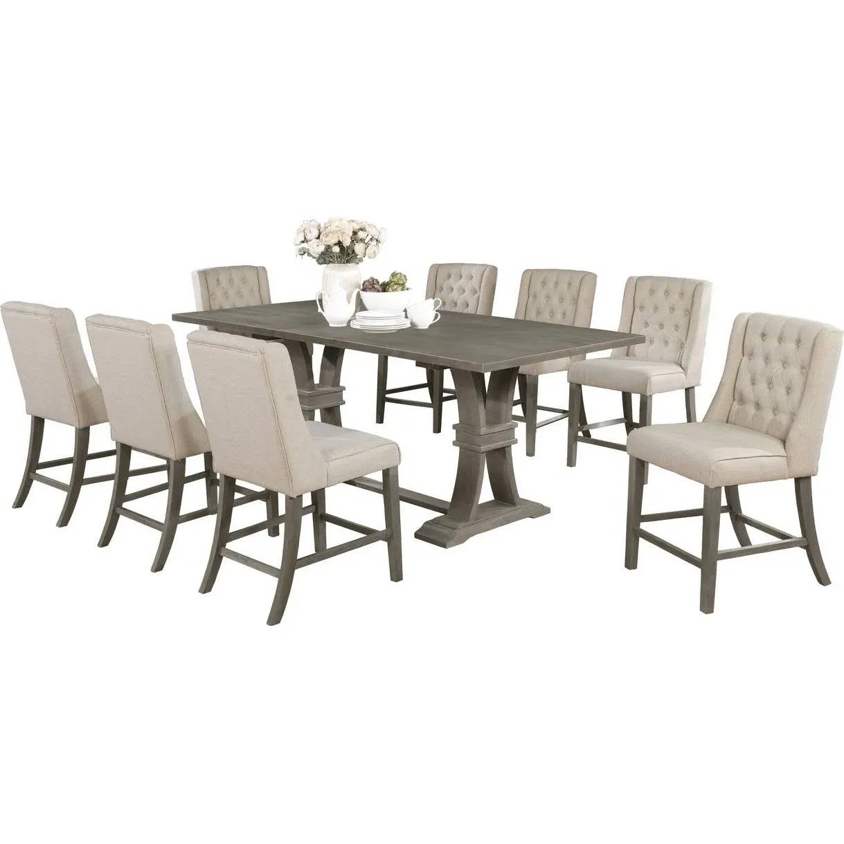 Rustic Counter-Height Gray Wood 9pc Dining Set with Beige Linen Chairs