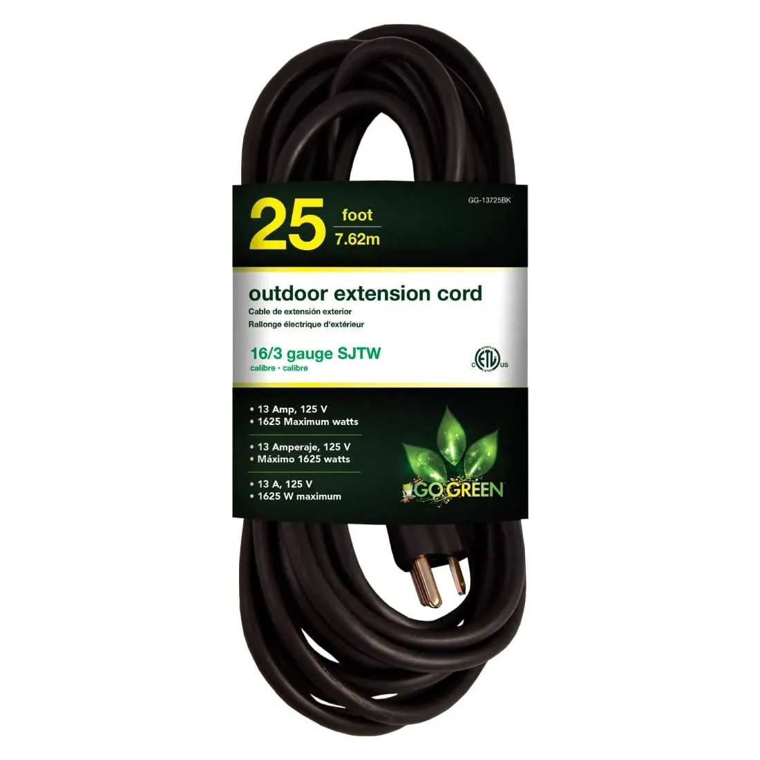 Go Green Power Gg-13725bk 16/3 25' Heavy Duty Extension Cord, Black