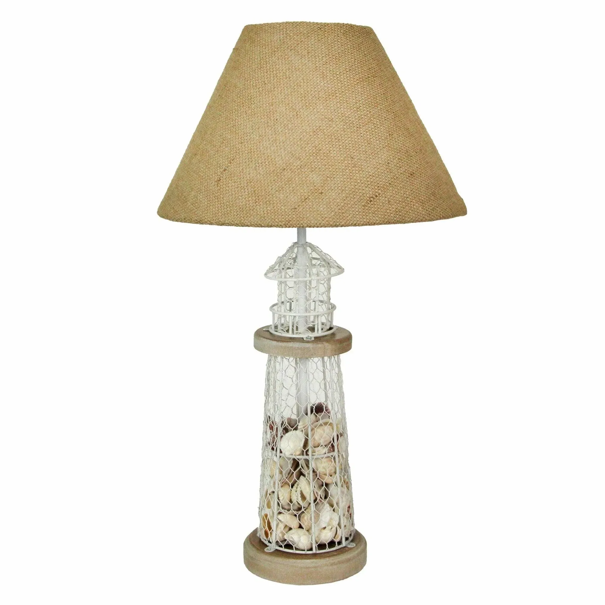 White and Grey Metal Mesh Seashell Filled Lighthouse Table Lamp with Cone Shade, One Size - Beach Style - Table Lamps - by Zeckos | Houzz