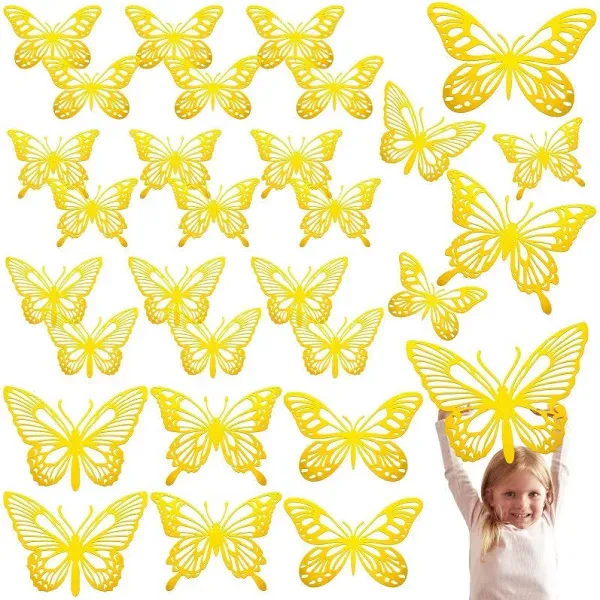 Yeaqee 24 Pcs Large Butterfly Party Decoration 3D Butterflies Wall Decor Set 2 Sizes 3 Styles Large Stickers for Birthday Baby Shower Nursery Bedroom Wedding Decor Cutouts (Gold)