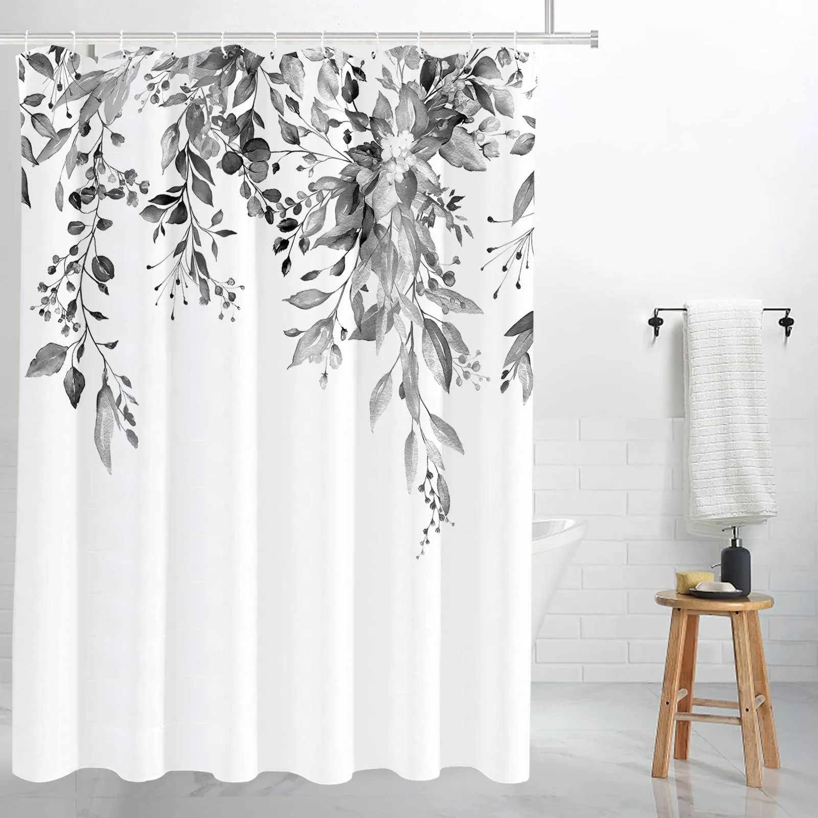 Tititex Black Eucalyptus Shower Curtain Sets, Watercolor Grey Leaves on The Top Plant with Floral Bathroom Decoration 72x84 Inch with Hooks